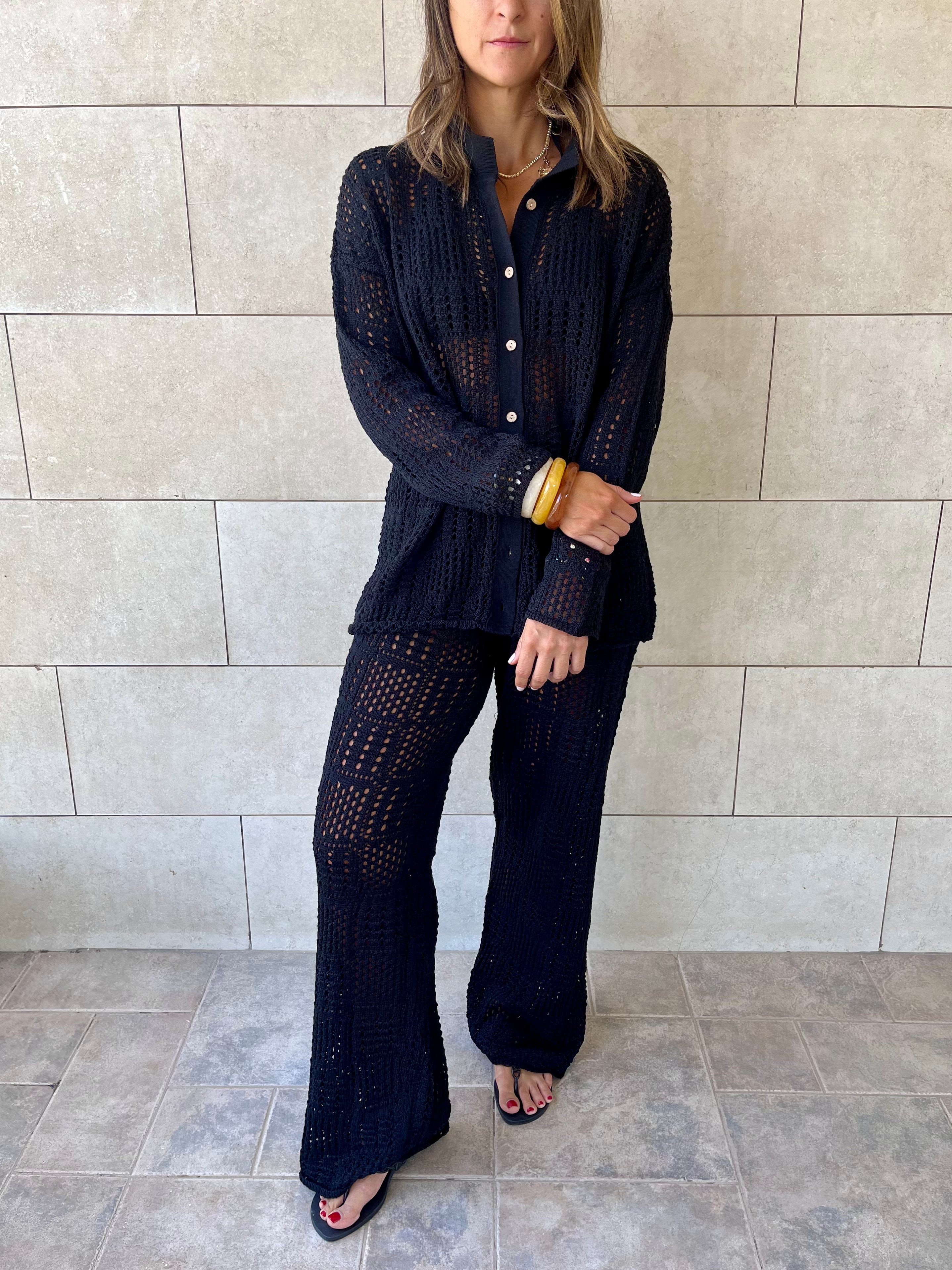 Black Vacation Check Crochet Shirt Set