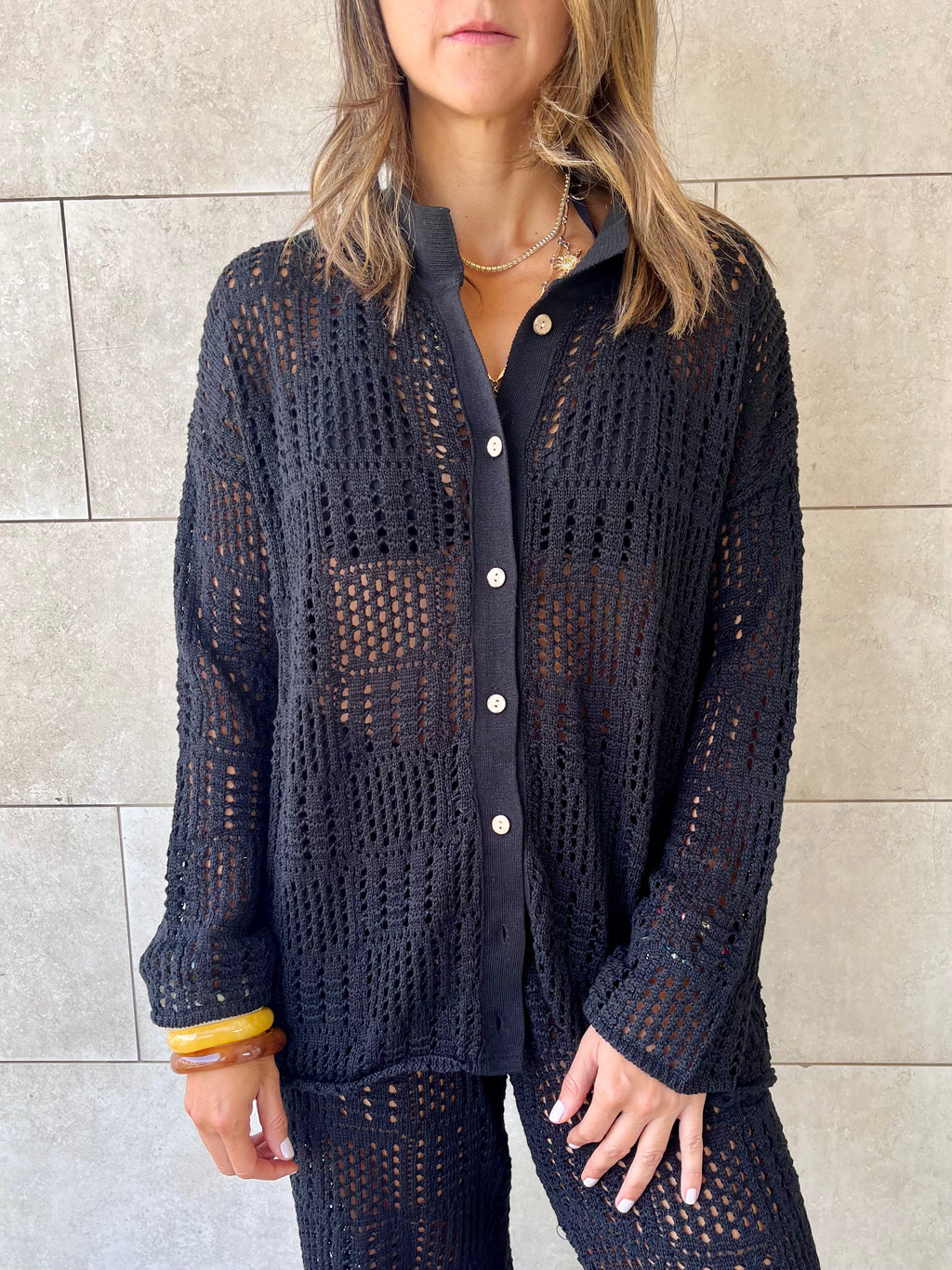 Black Vacation Check Crochet Shirt Set