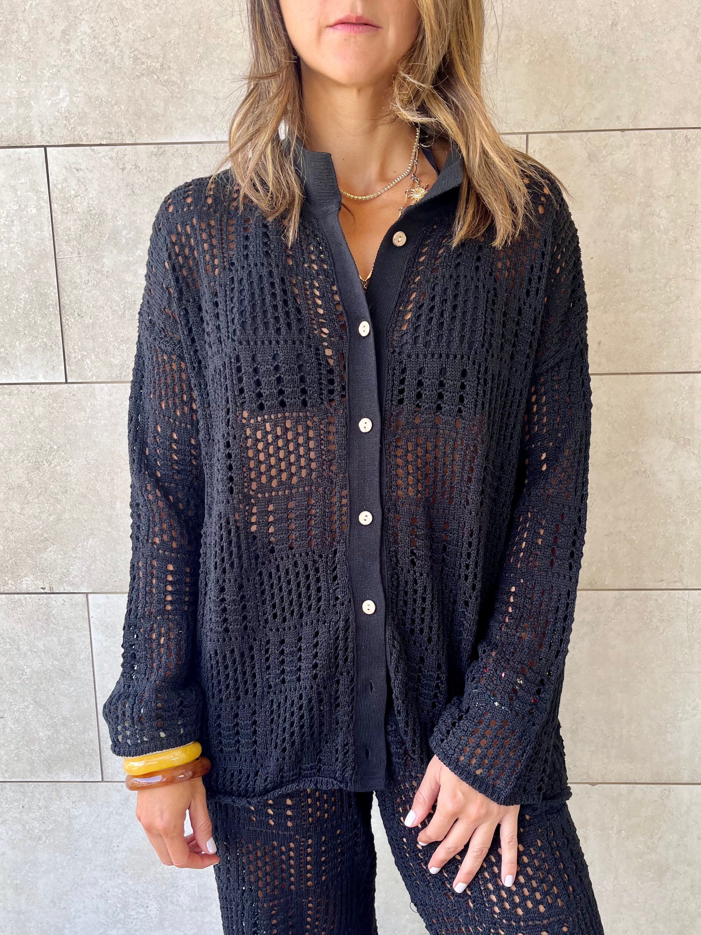 Black Vacation Check Crochet Shirt Set