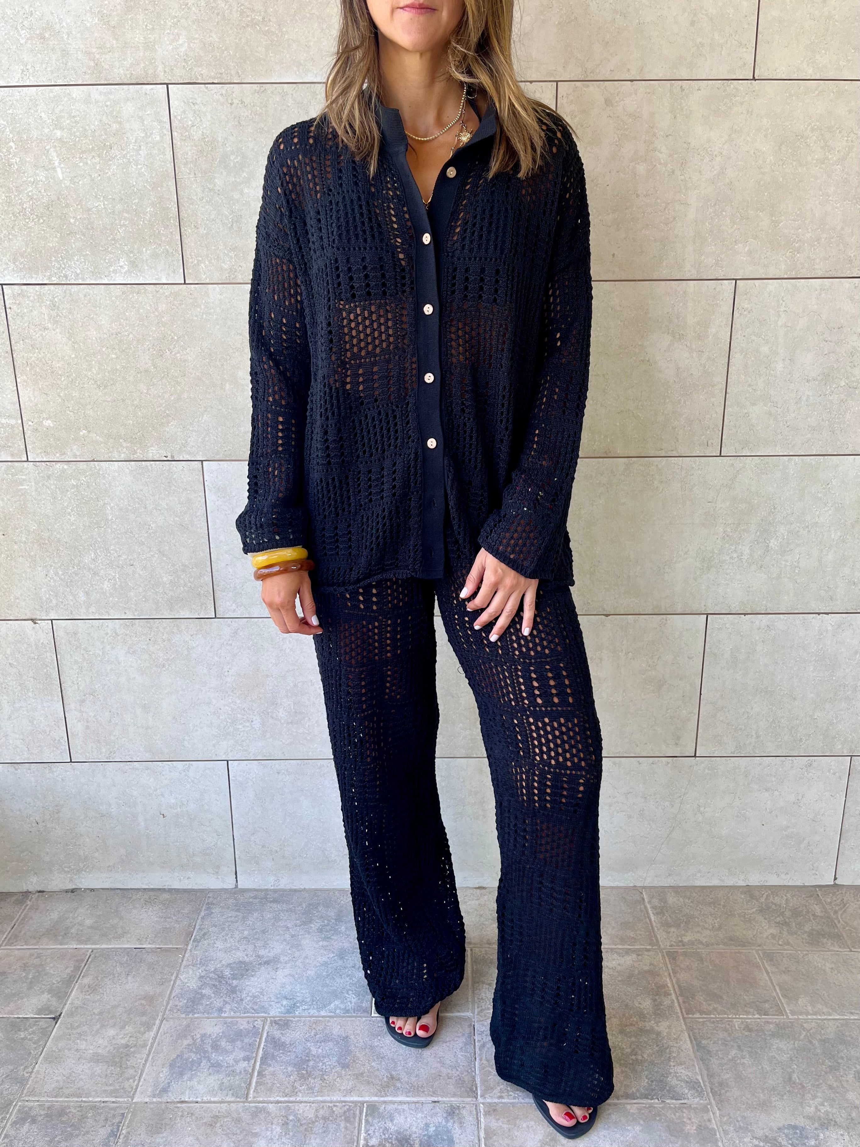 Black Vacation Check Crochet Shirt Set