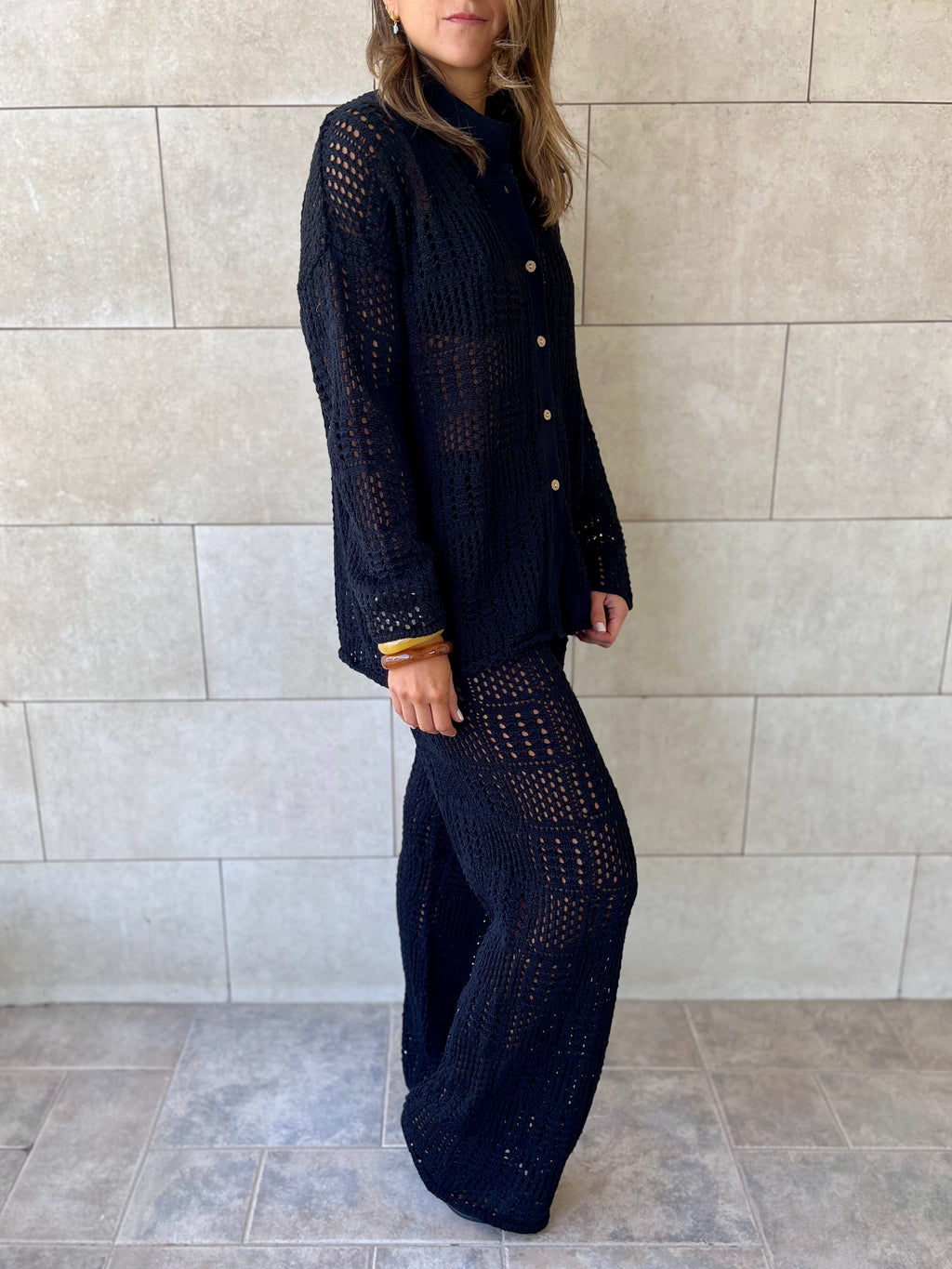 Black Vacation Check Crochet Shirt Set