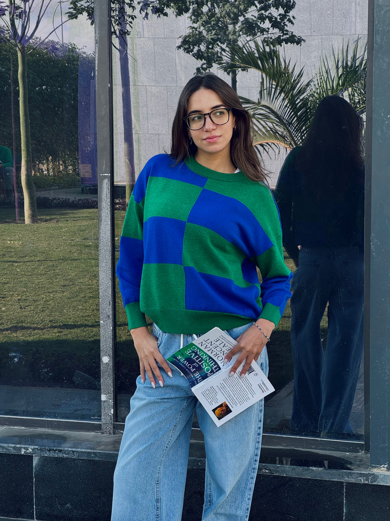 Blue & Green Retro Inspired Checkered Jumper