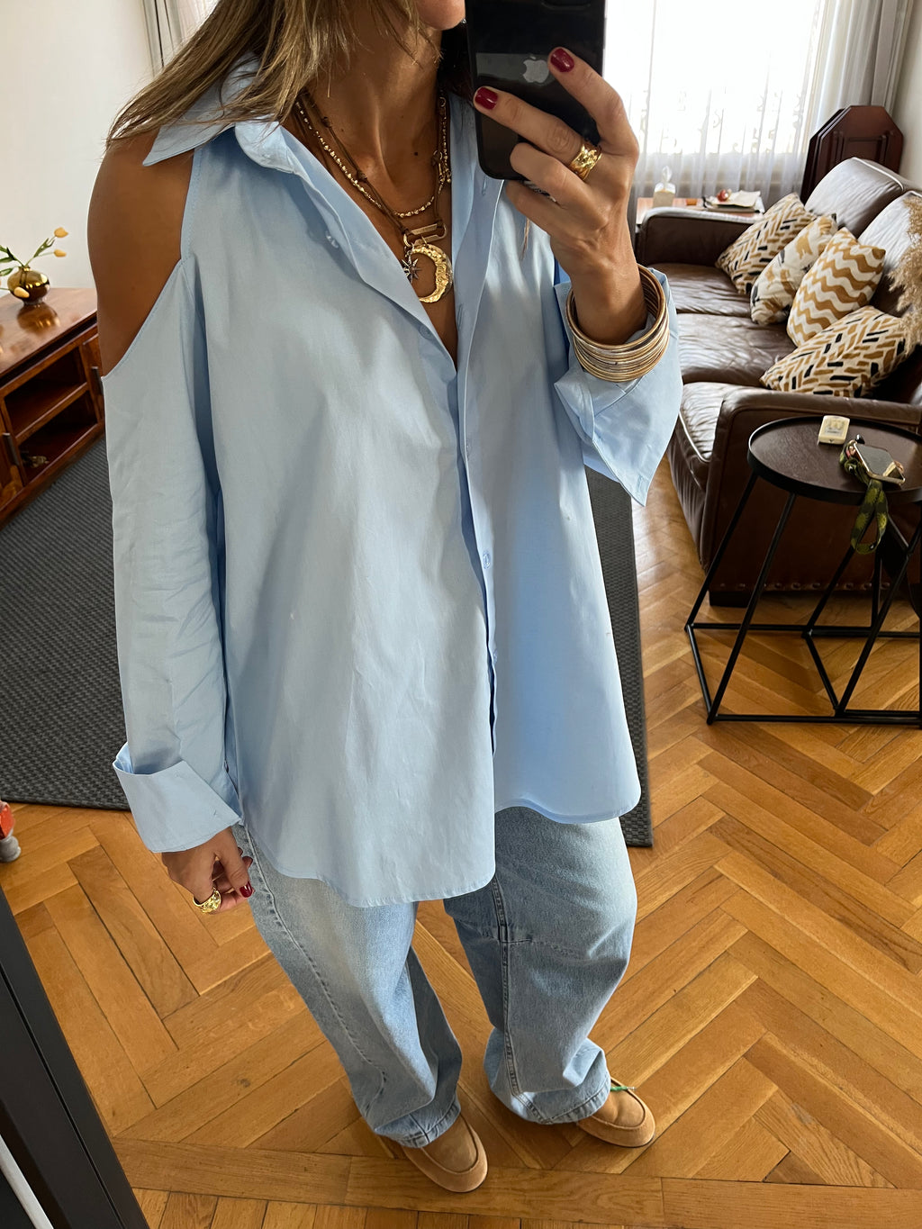 Baby Blue Cut Out Shoulder Shirt
