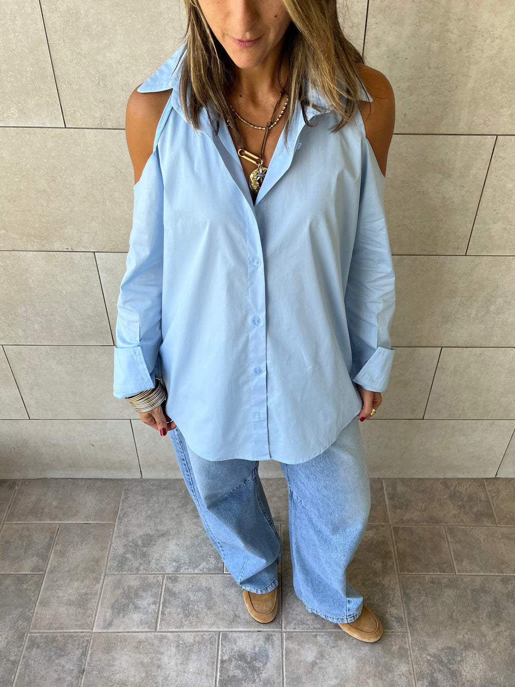 Baby Blue Cut Out Shoulder Shirt