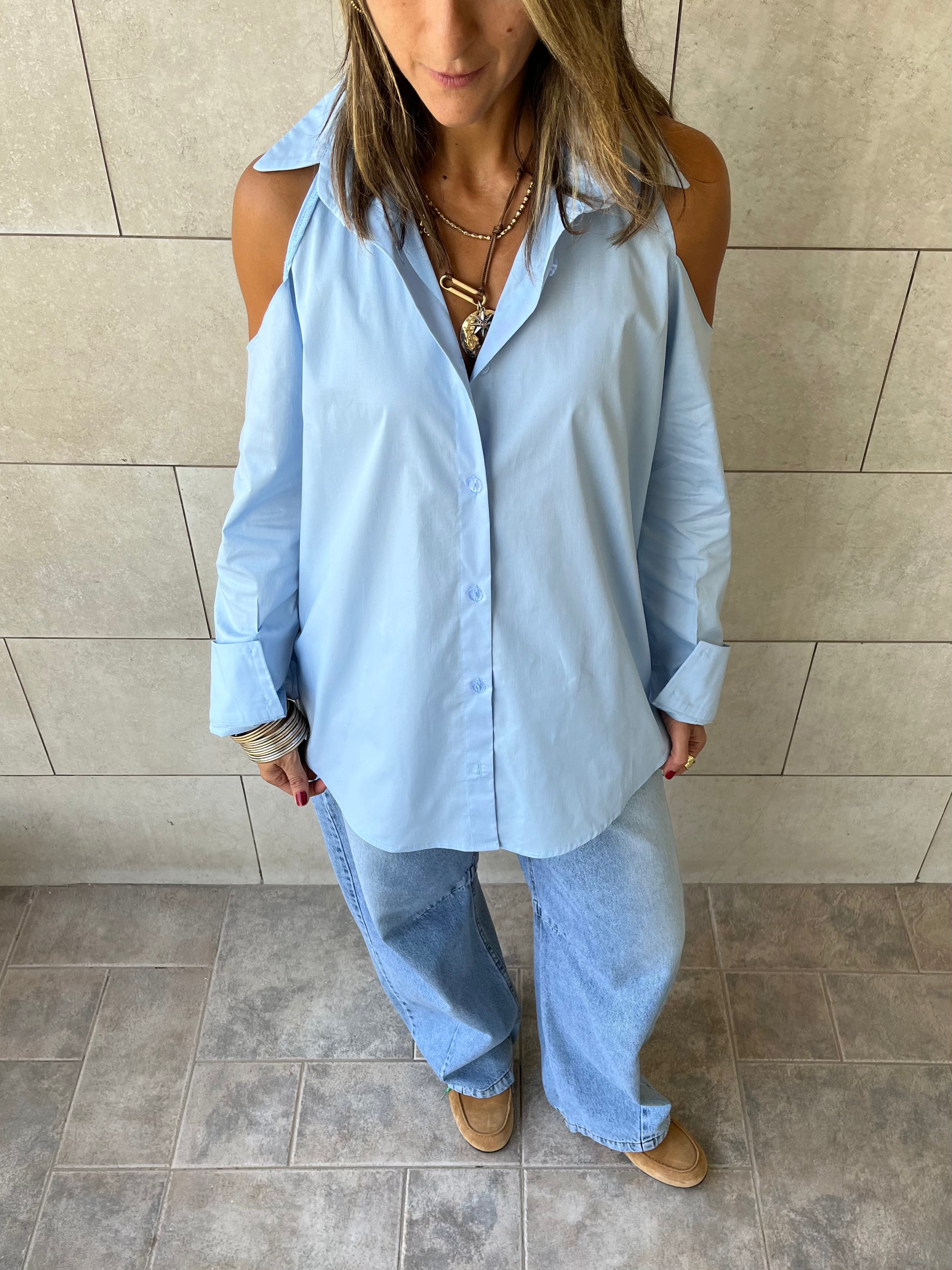 Baby Blue Cut Out Shoulder Shirt