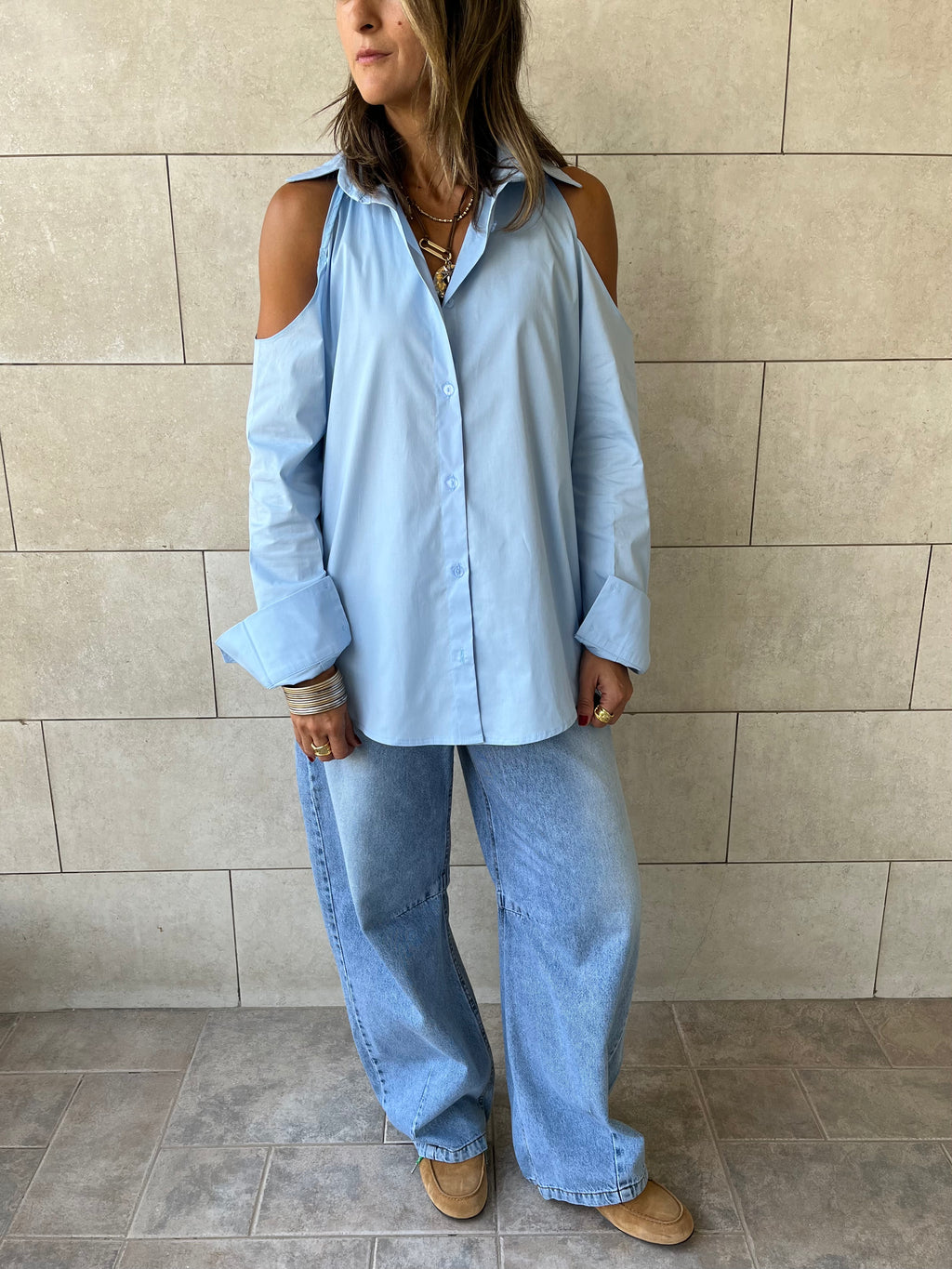 Baby Blue Cut Out Shoulder Shirt