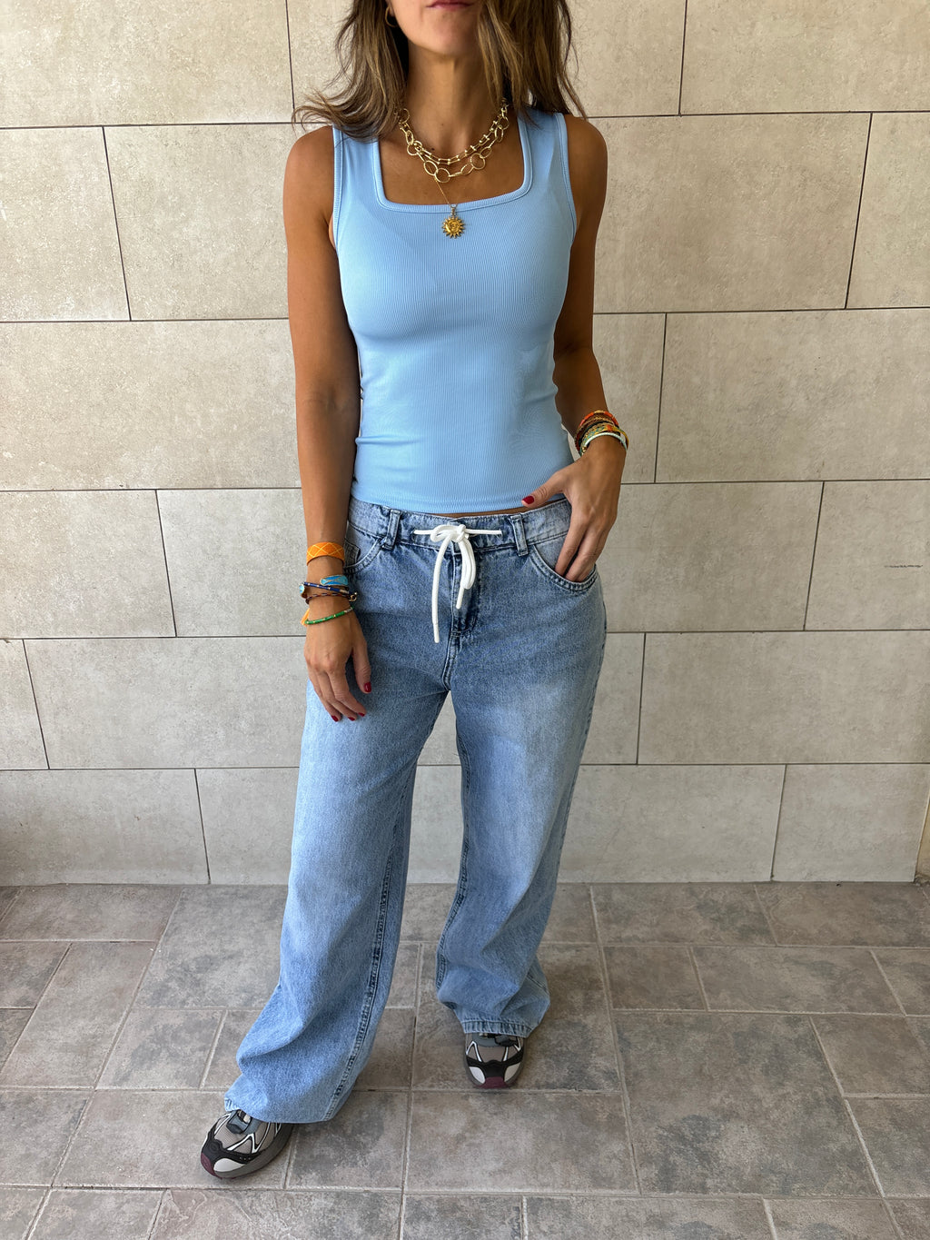 Baby Blue 130 Ribbed Square Neck Top