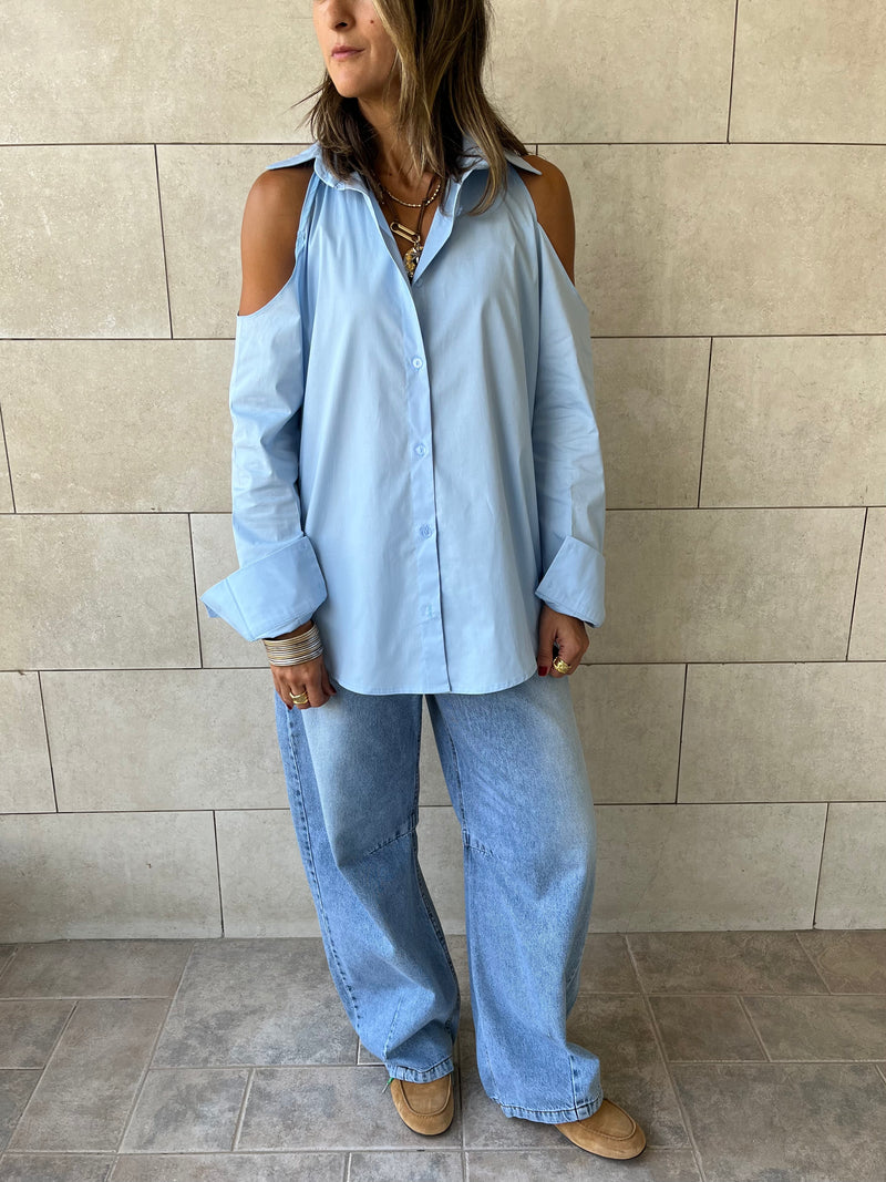 Baby Blue Cut Out Shoulder Shirt