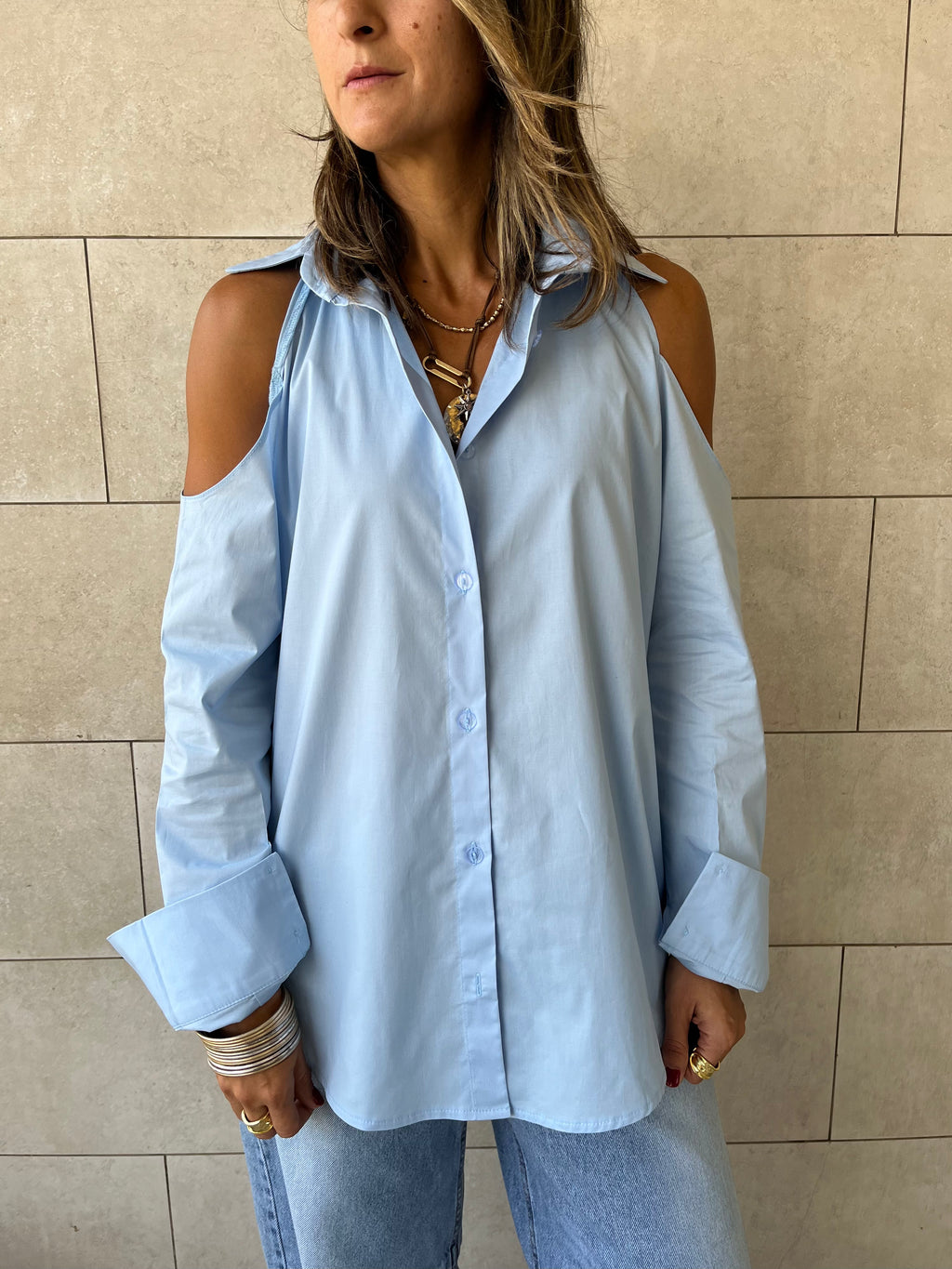Baby Blue Cut Out Shoulder Shirt