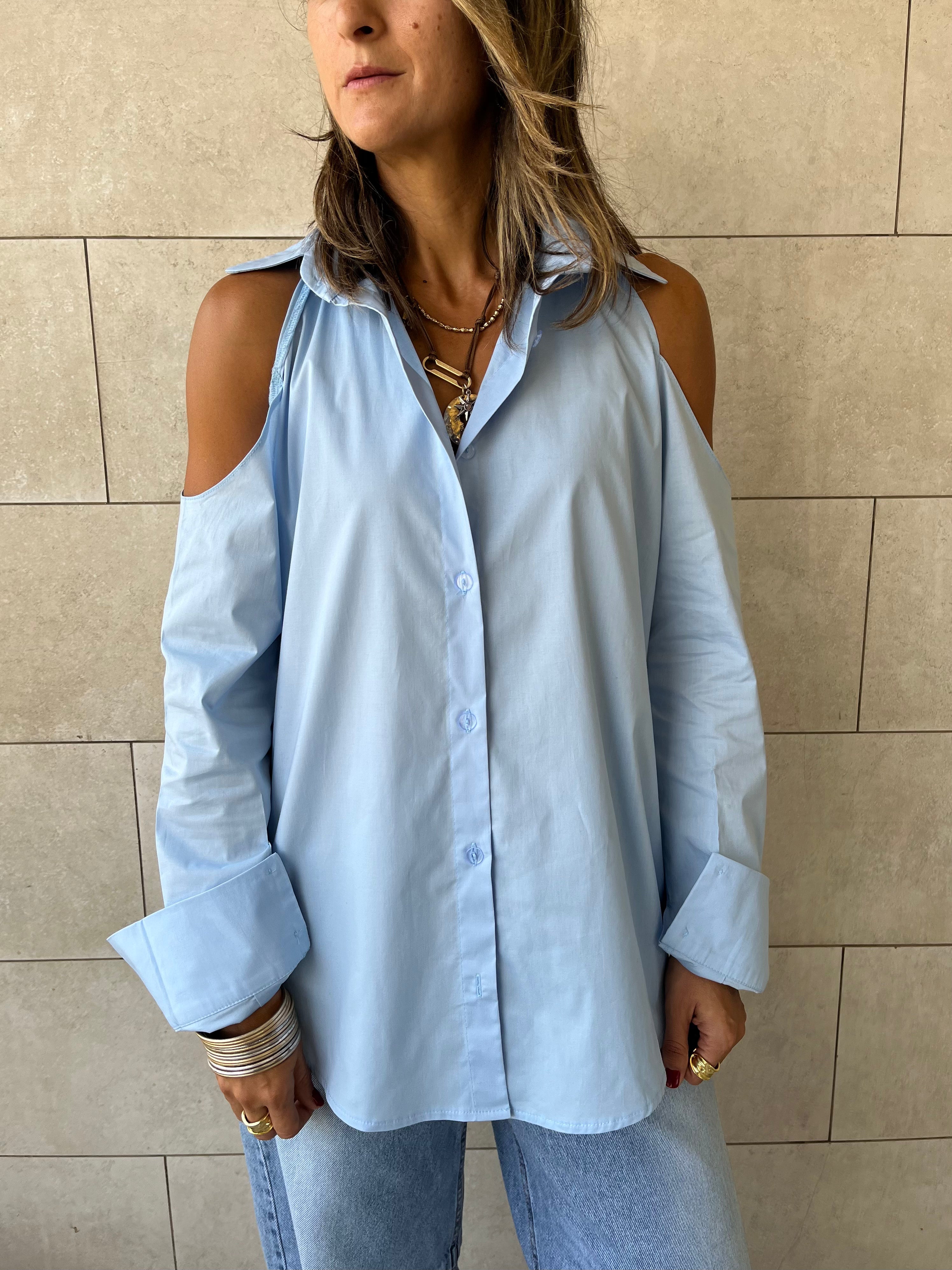 Baby Blue Cut Out Shoulder Shirt