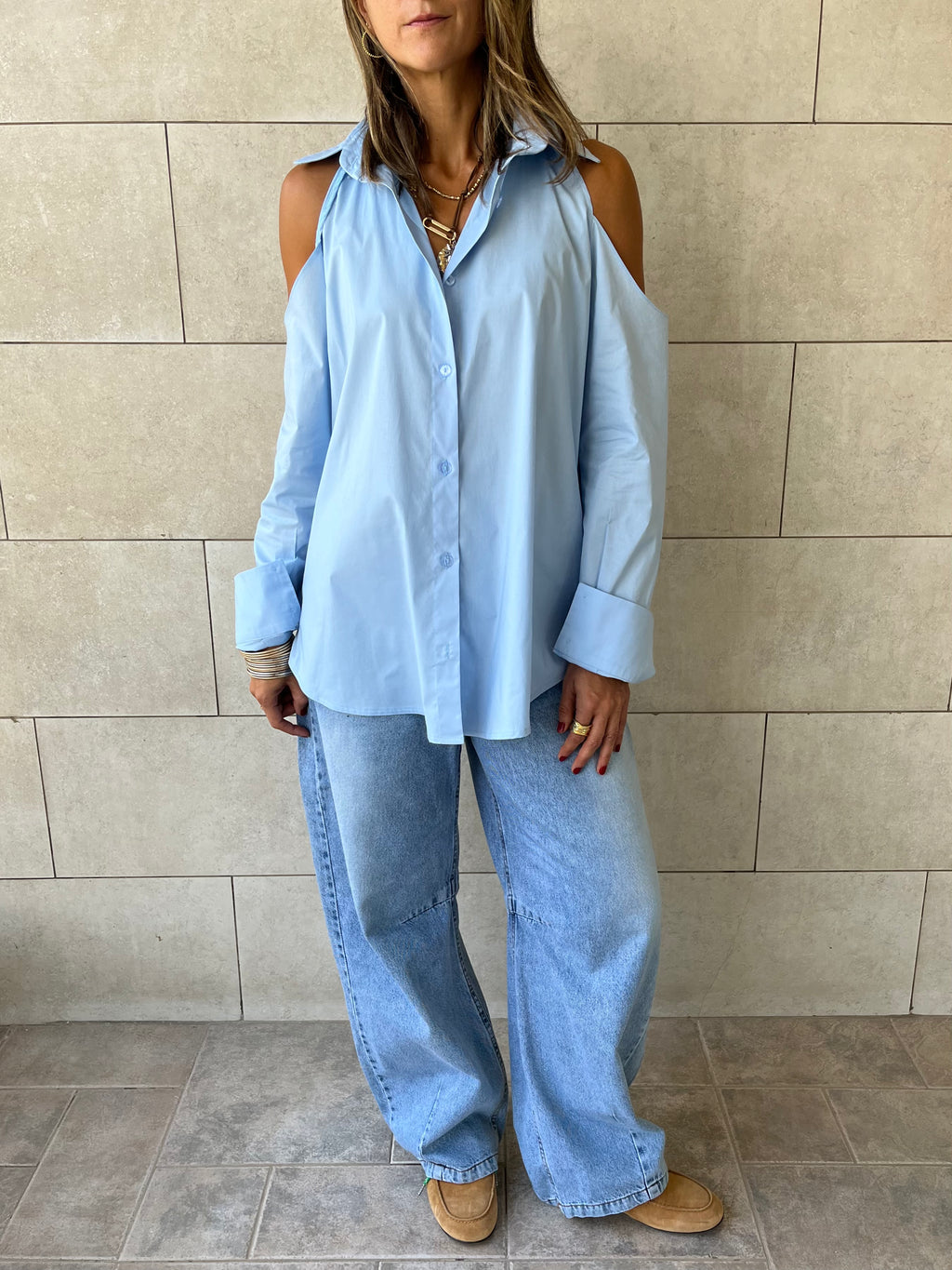 Baby Blue Cut Out Shoulder Shirt