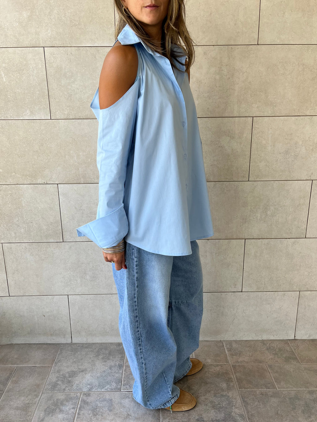Baby Blue Cut Out Shoulder Shirt