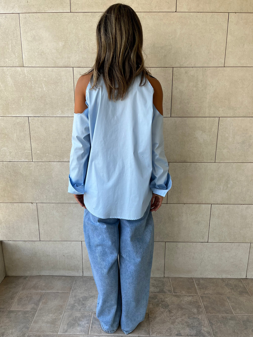Baby Blue Cut Out Shoulder Shirt