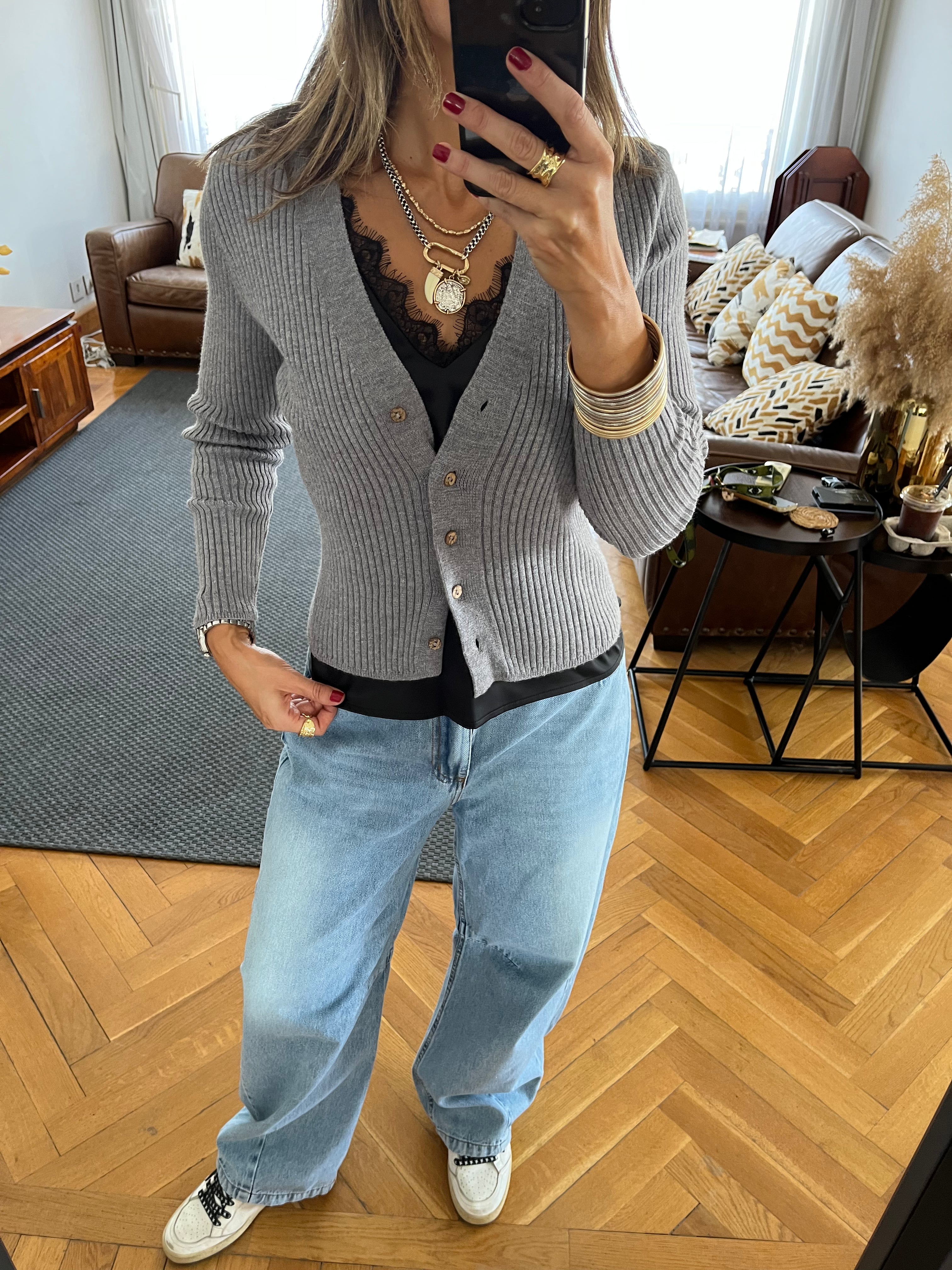 Grey Contour Buttoned Cardigan