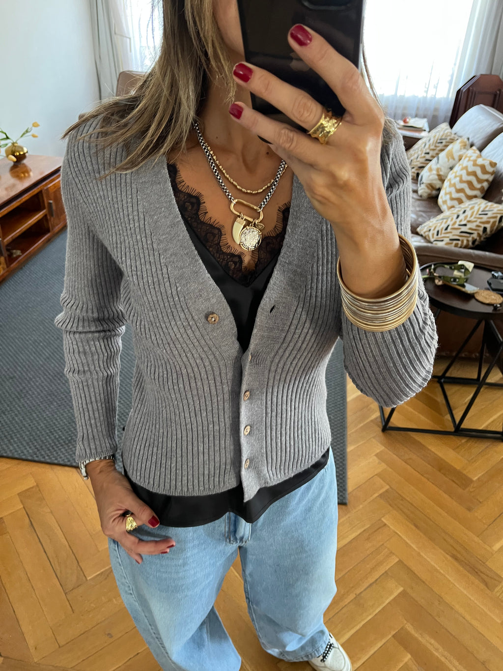 Grey Contour Buttoned Cardigan
