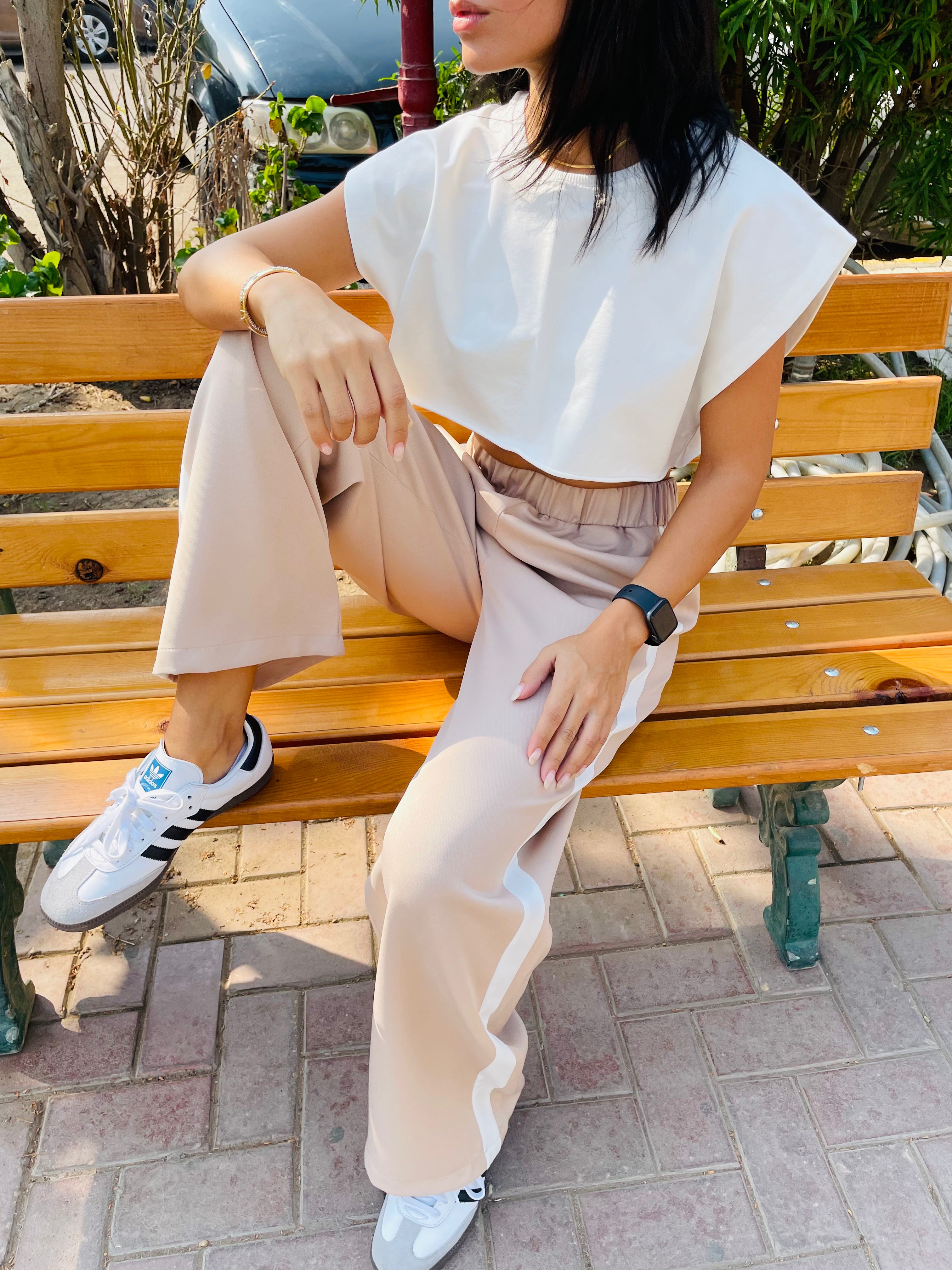 Beige Side Stripe Pants