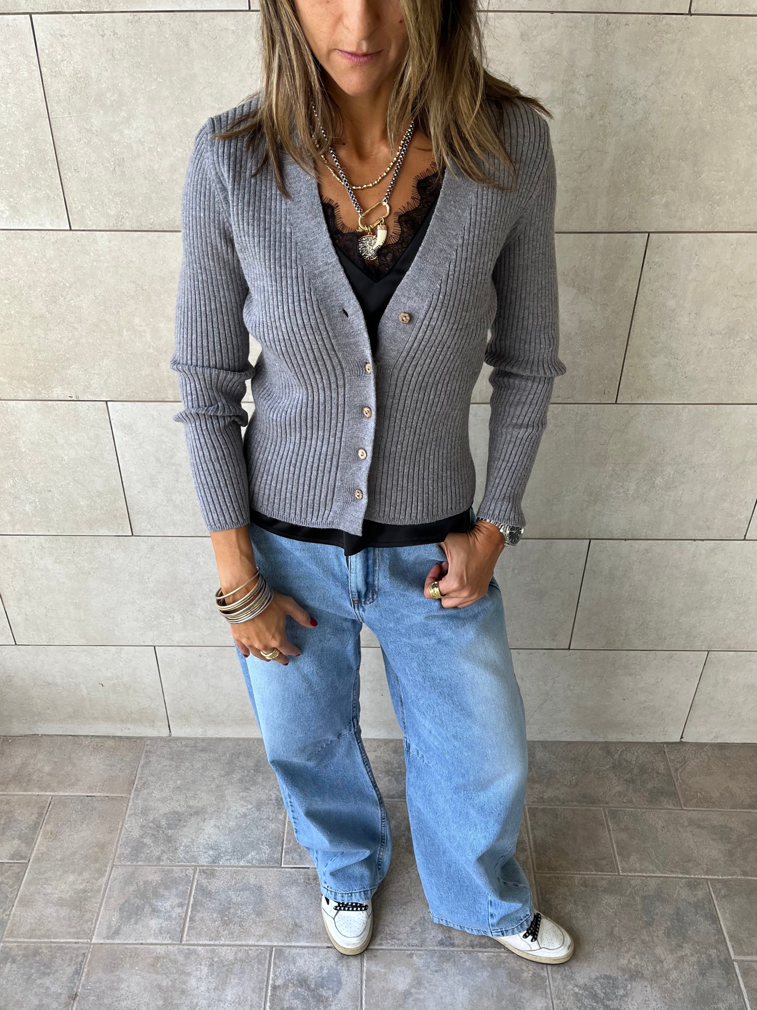 Grey Contour Buttoned Cardigan