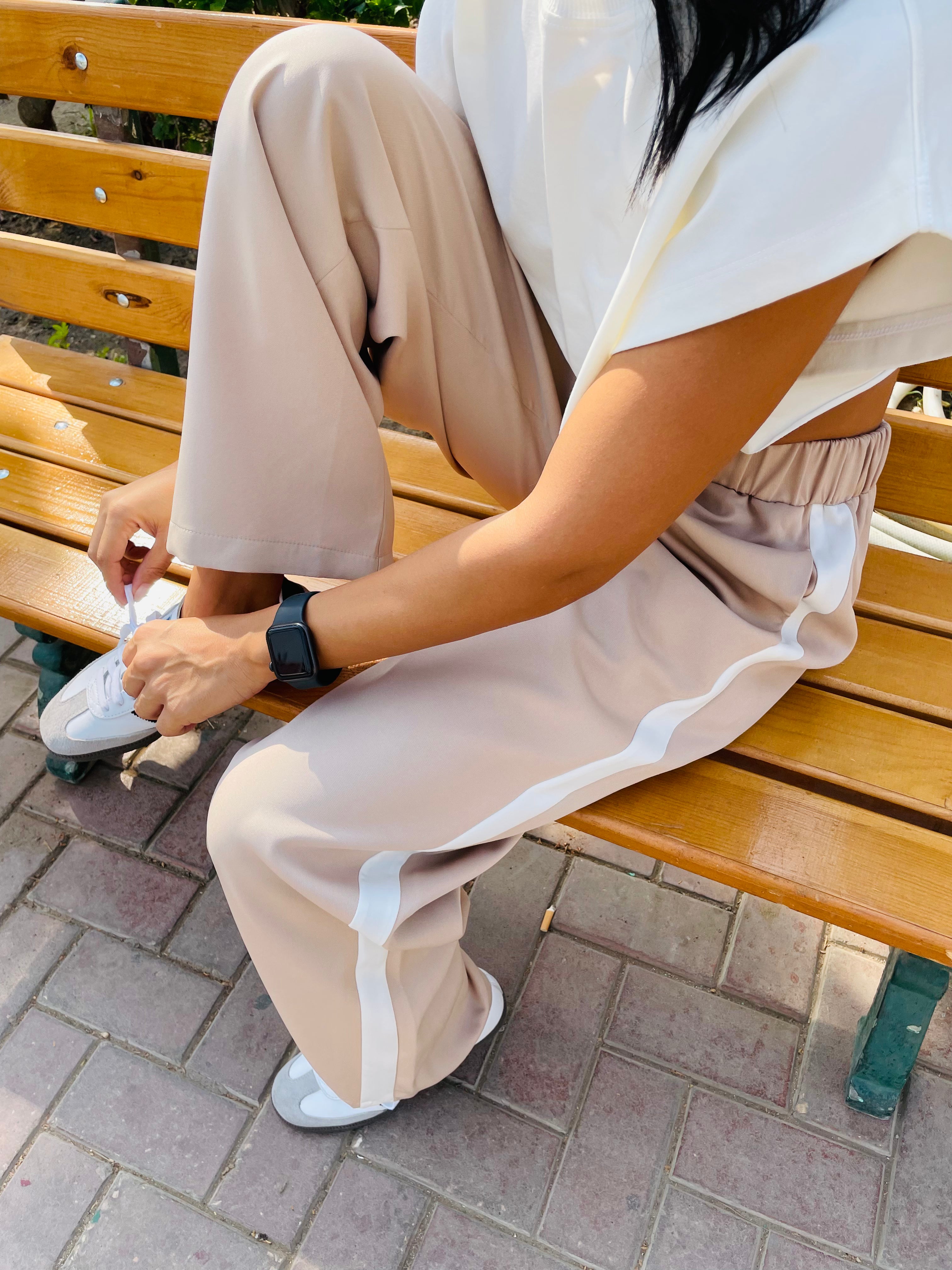 Beige Side Stripe Pants