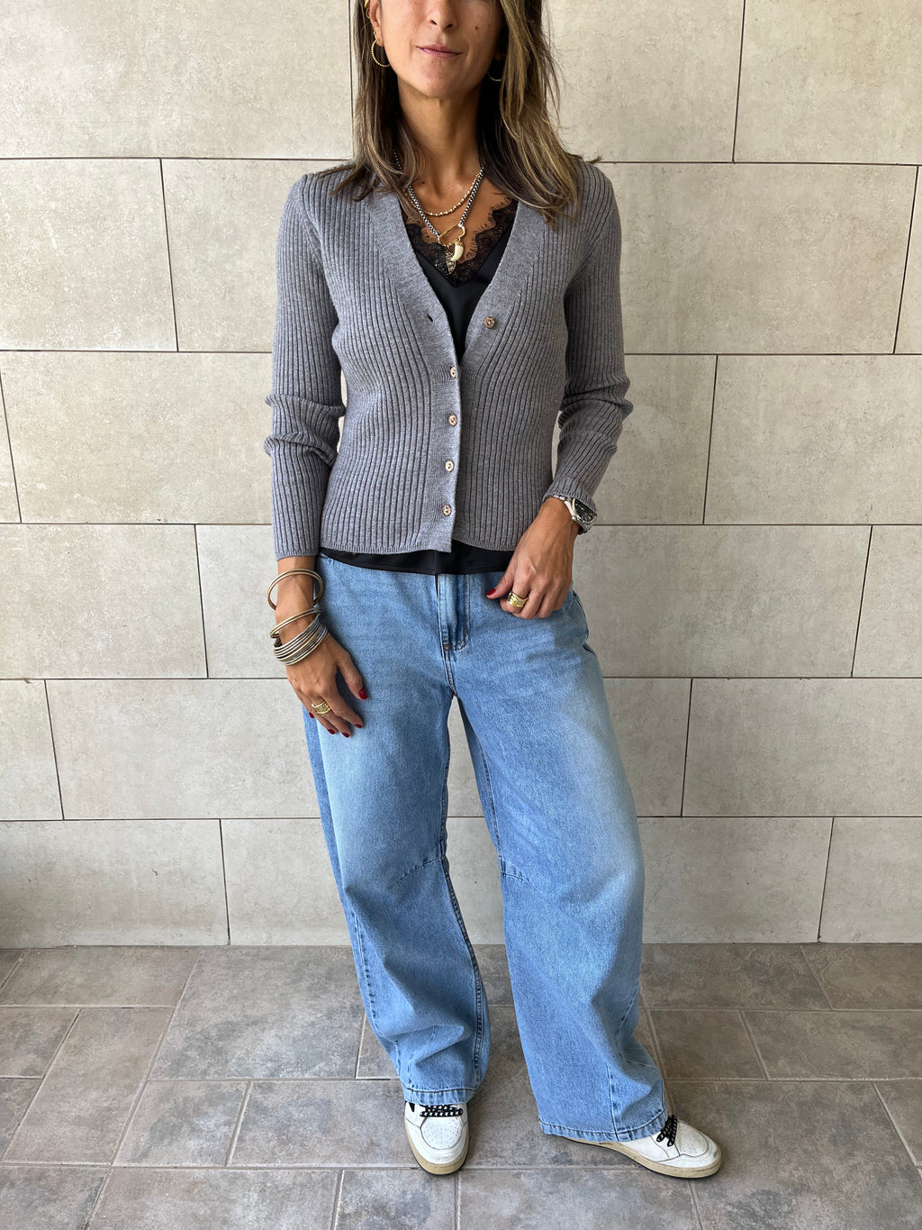 Grey Contour Buttoned Cardigan