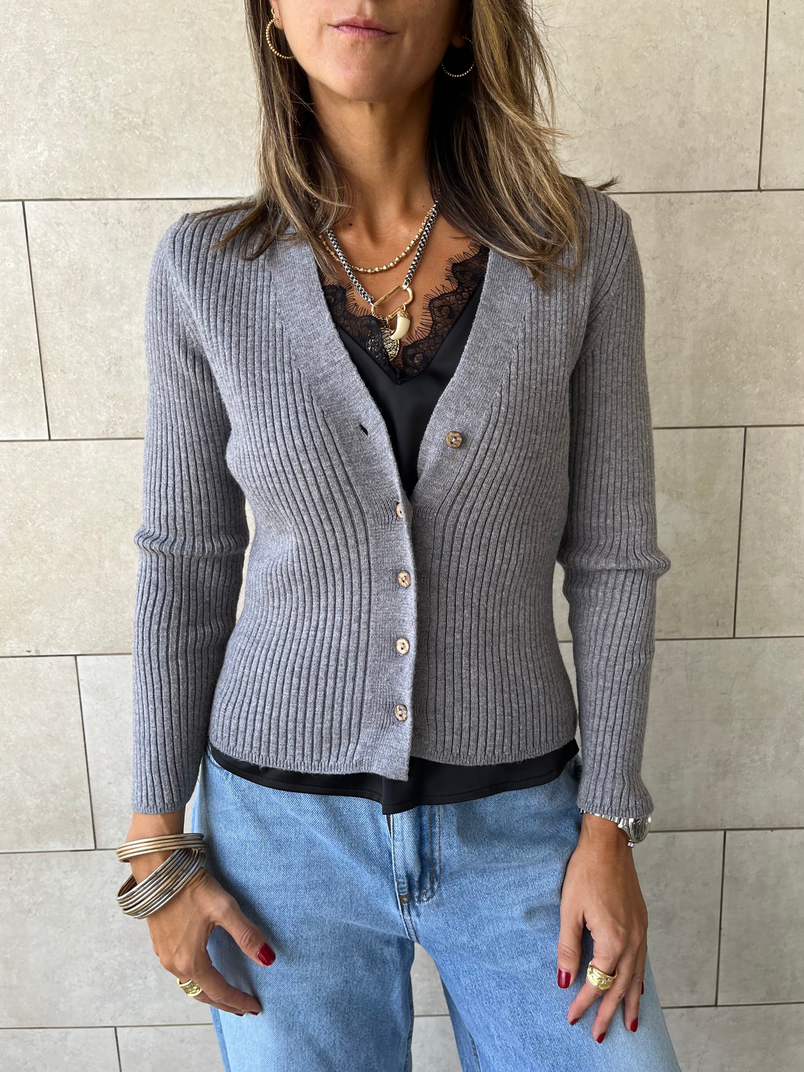 Grey Contour Buttoned Cardigan