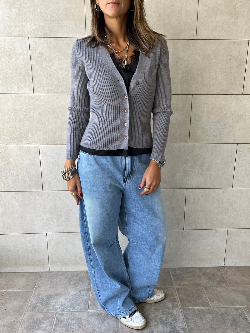 Grey Contour Buttoned Cardigan