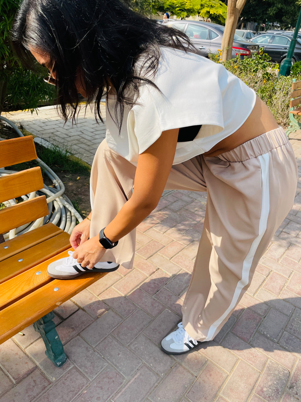 Beige Side Stripe Pants