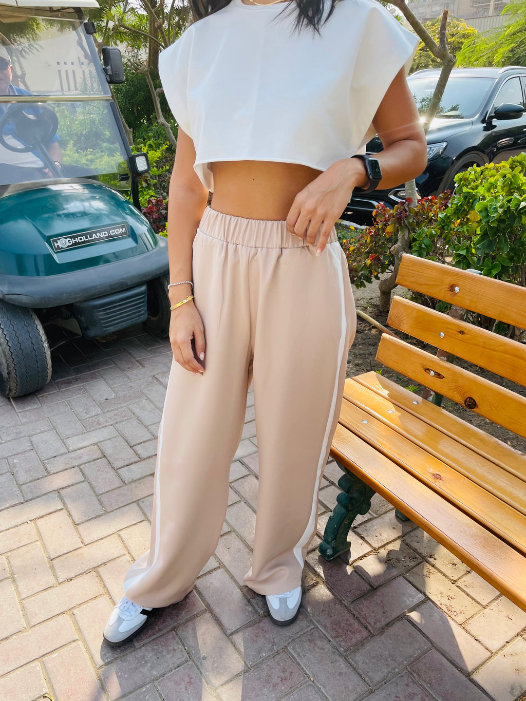 Beige Side Stripe Pants