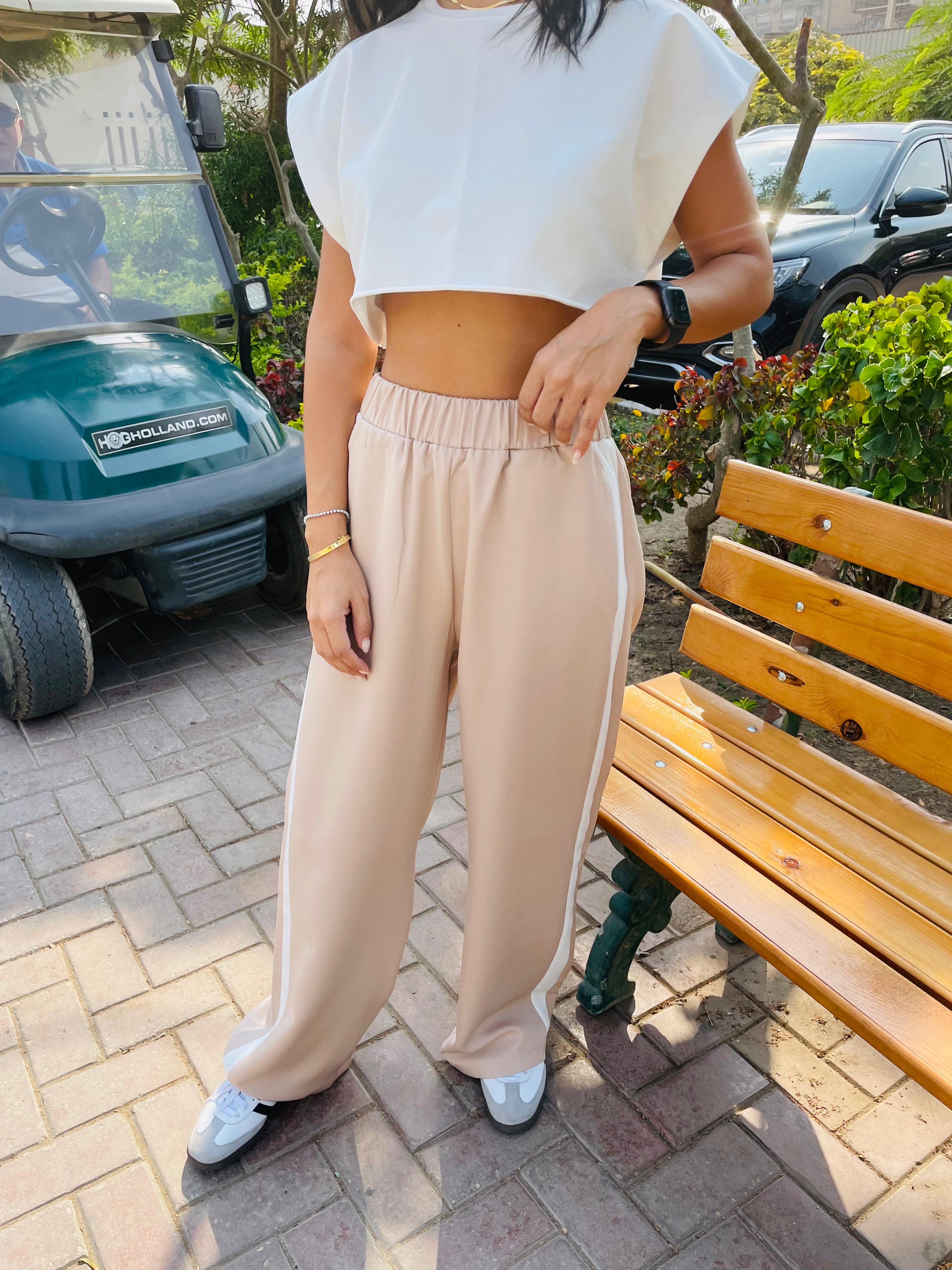 Beige Side Stripe Pants