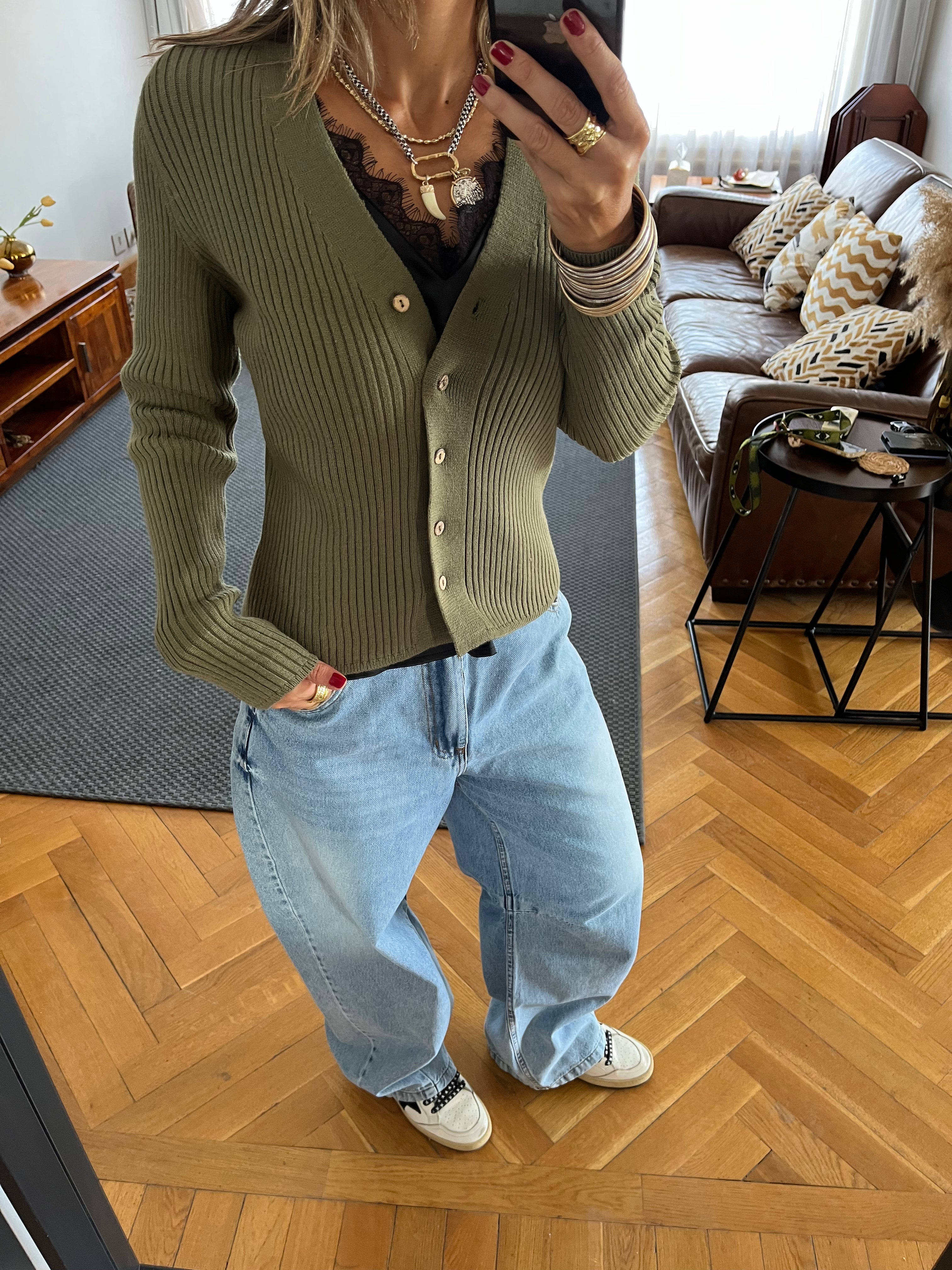 Olive Contour Buttoned Cardigan