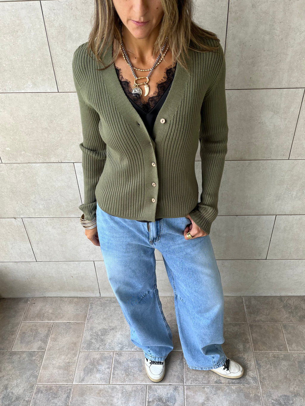 Olive Contour Buttoned Cardigan