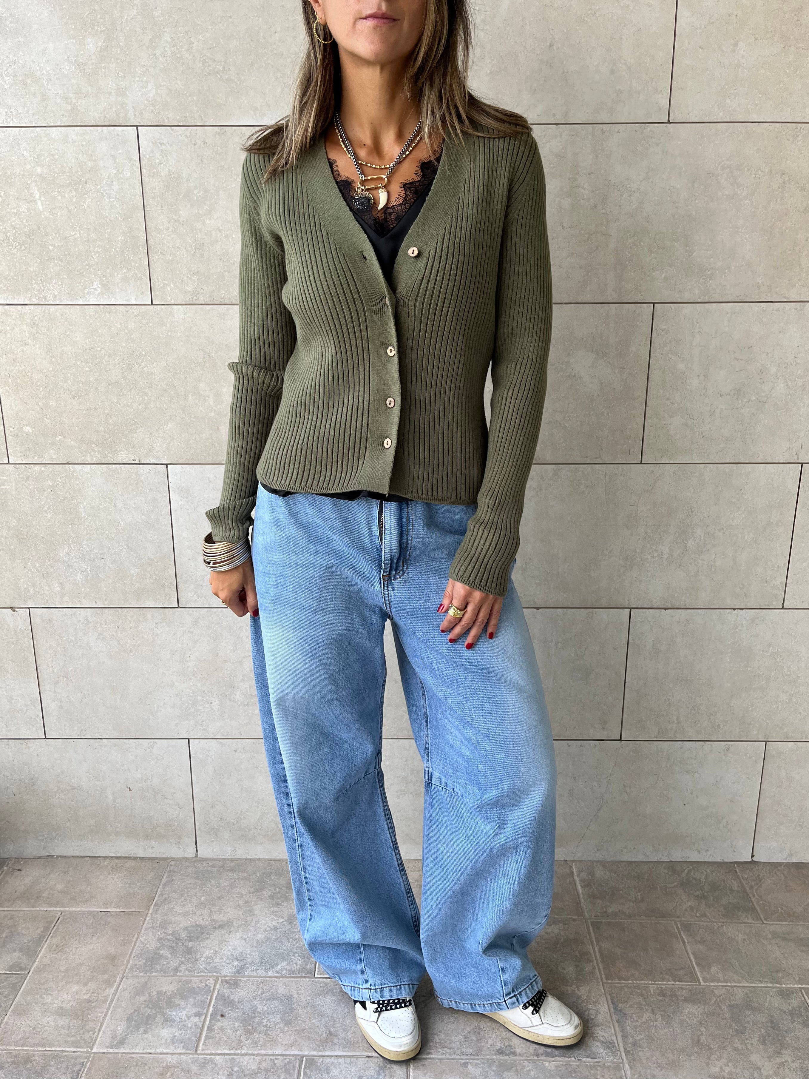 Olive Contour Buttoned Cardigan