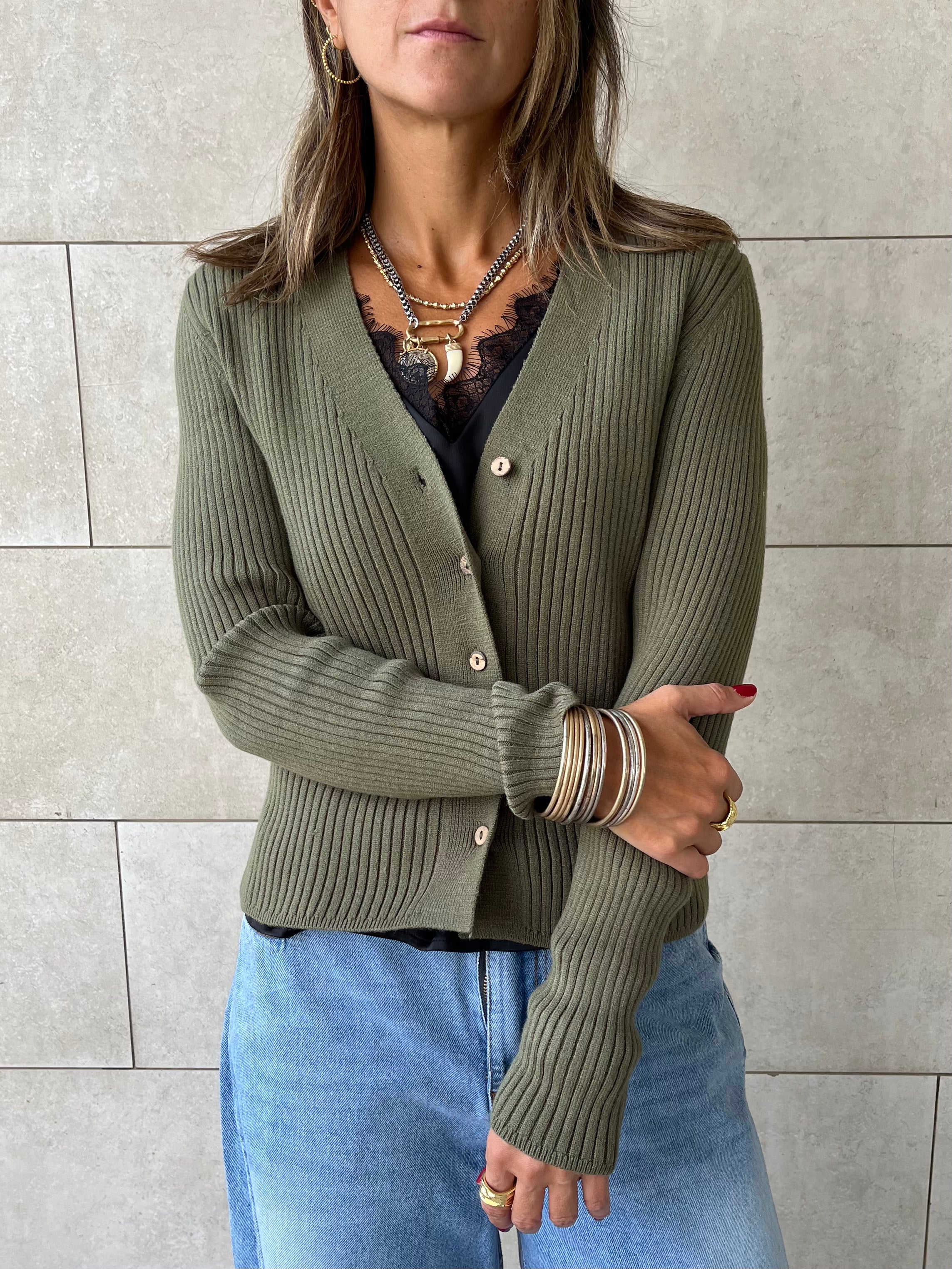 Olive Contour Buttoned Cardigan