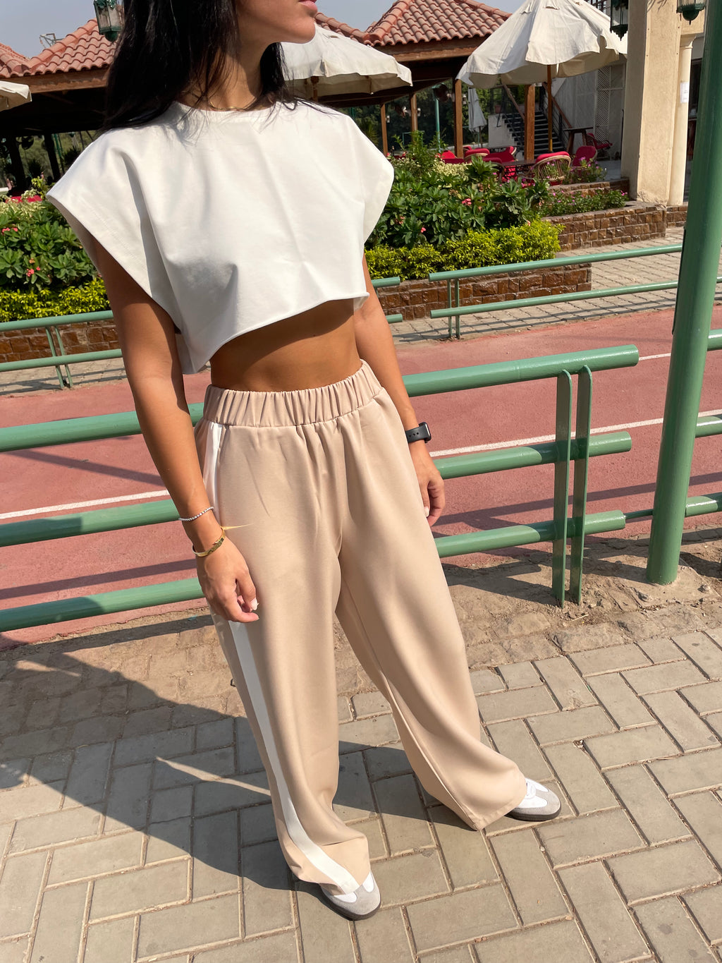 Beige Side Stripe Pants