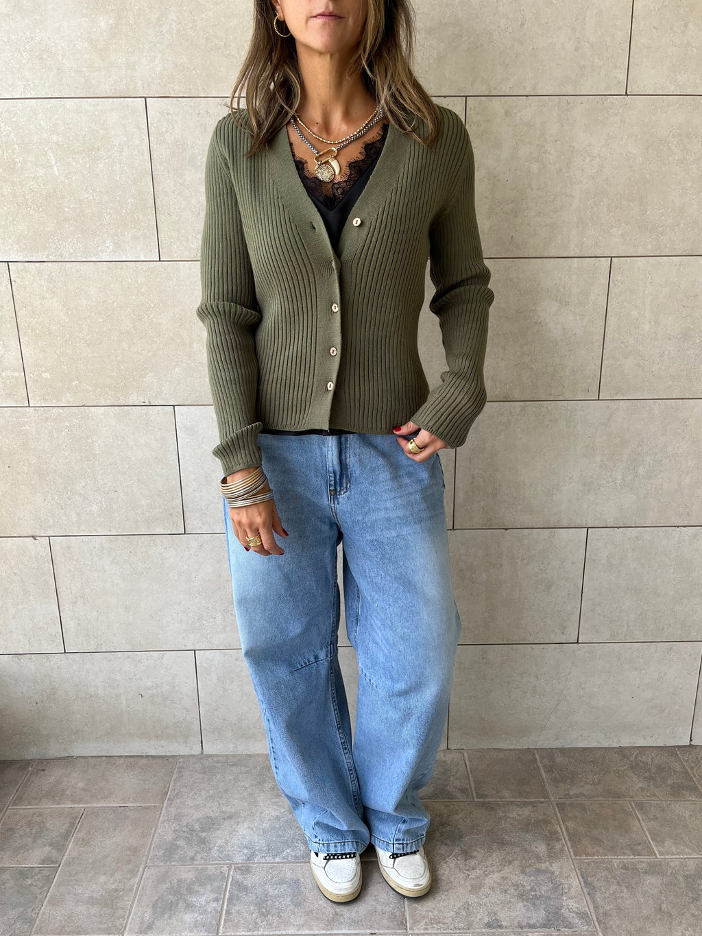 Olive Contour Buttoned Cardigan