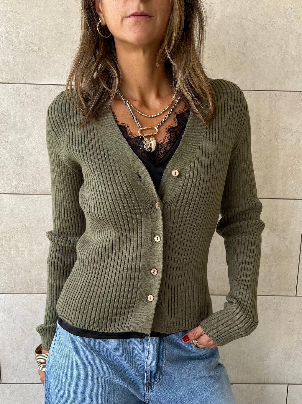 Olive Contour Buttoned Cardigan