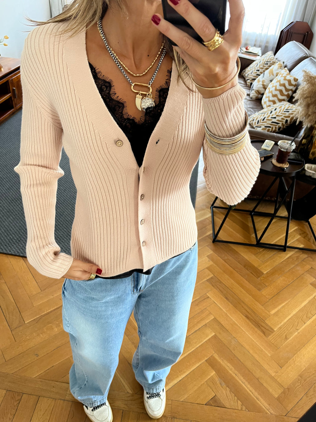 Beige Contour Buttoned Cardigan