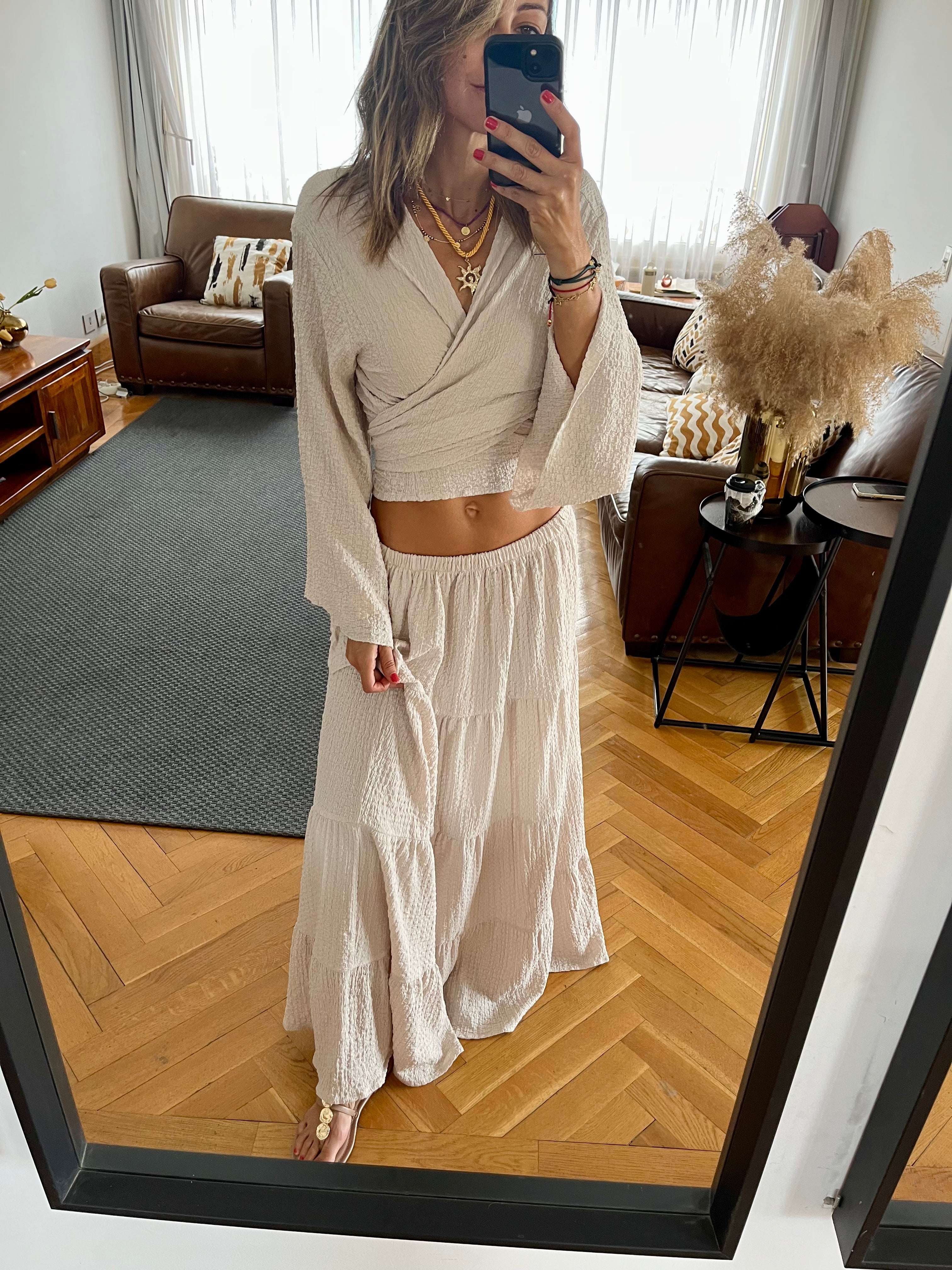 Beige Crinkle Wrap Around Set