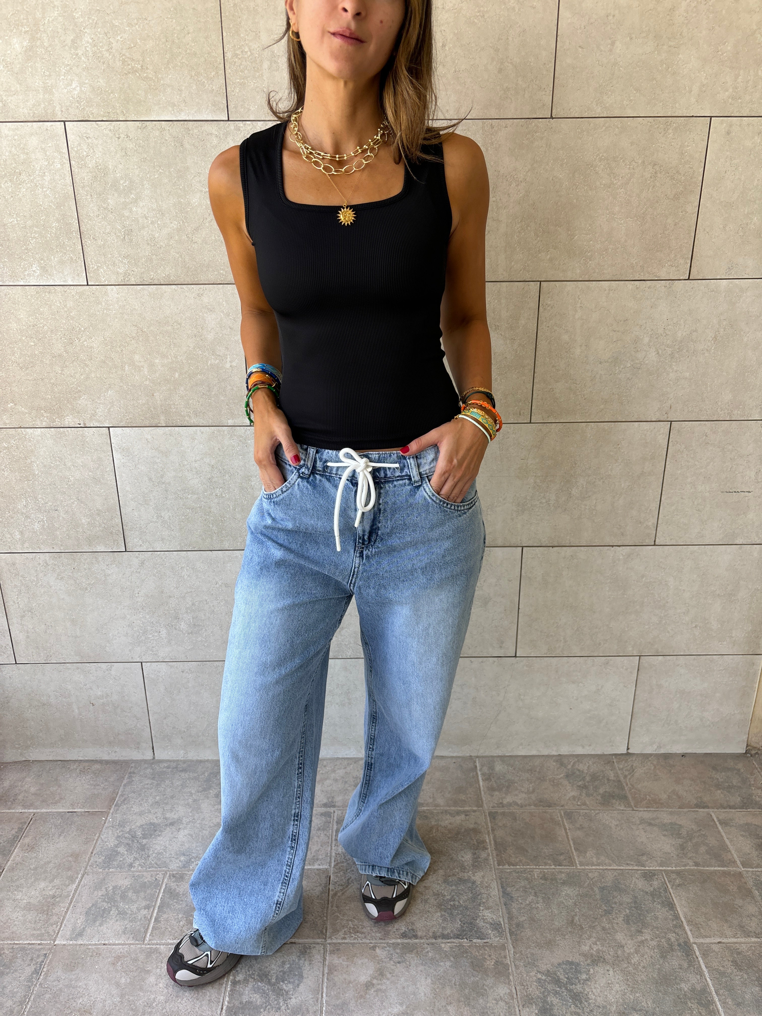 Black 130 Ribbed Square Neck Top