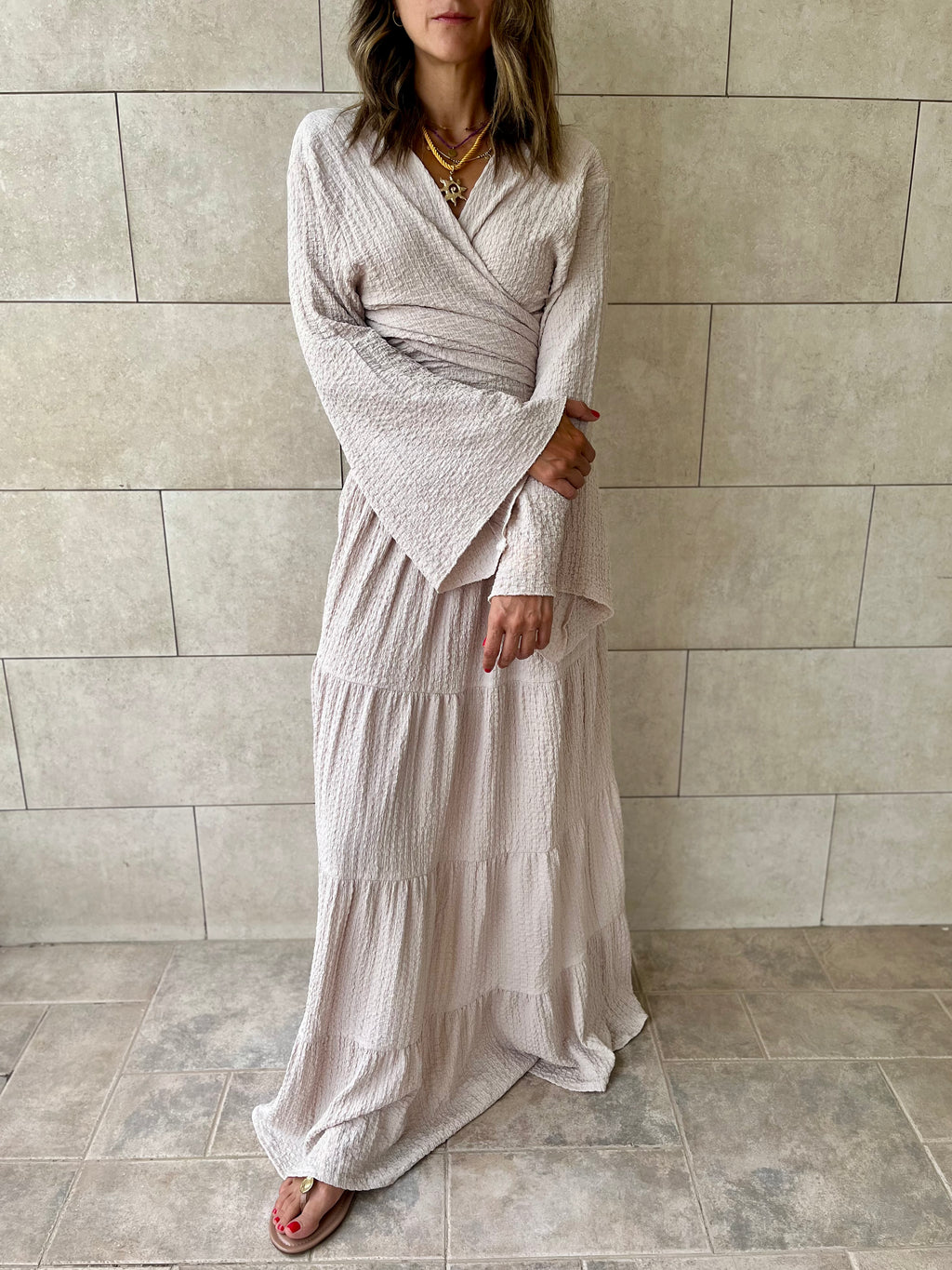 Beige Crinkle Wrap Around Set