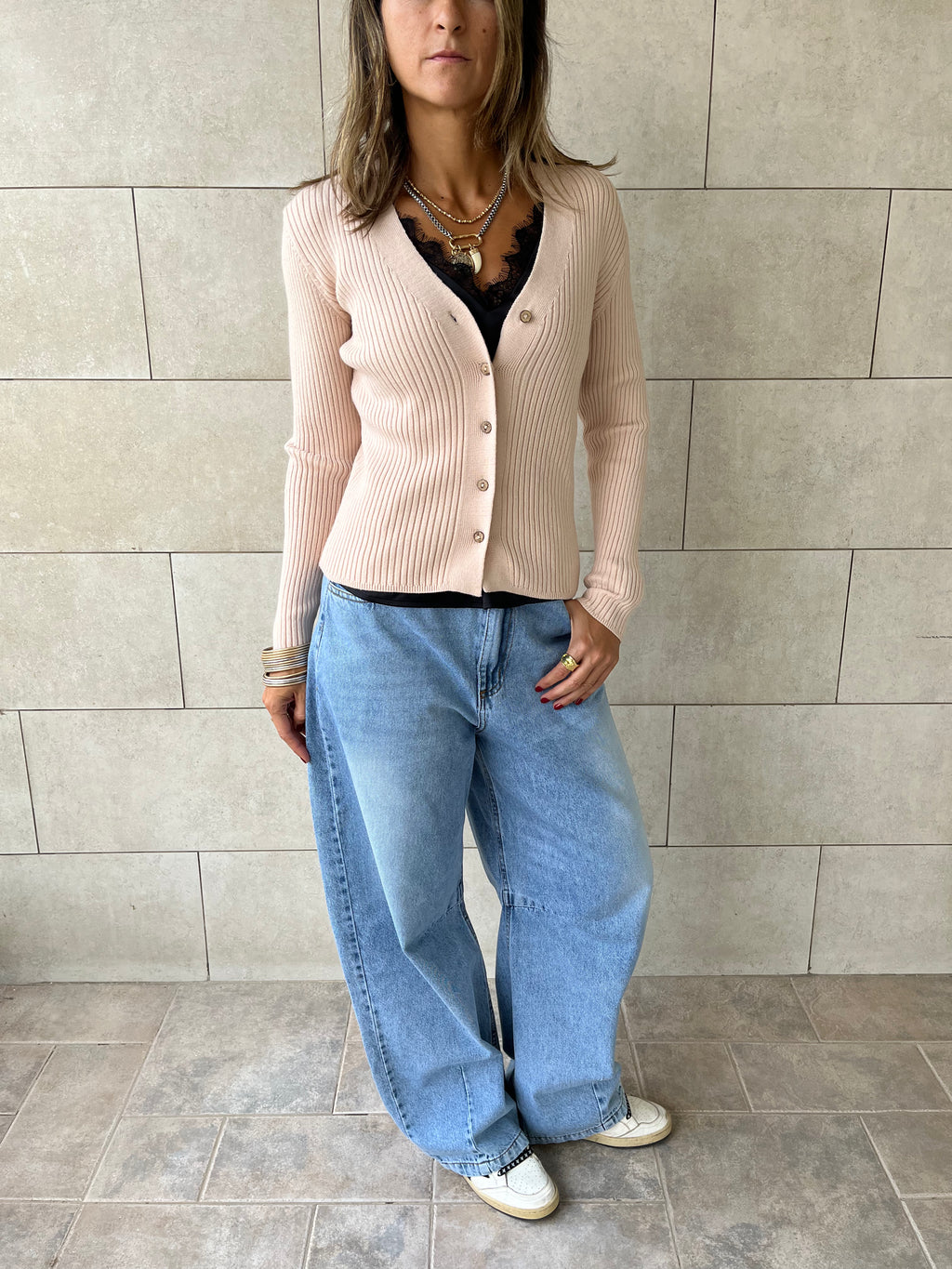 Beige Contour Buttoned Cardigan