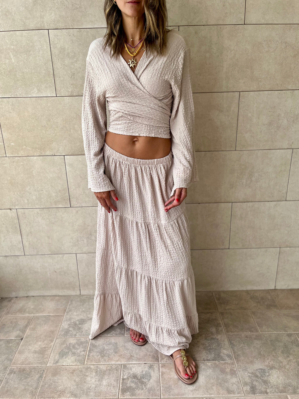 Beige Crinkle Wrap Around Set