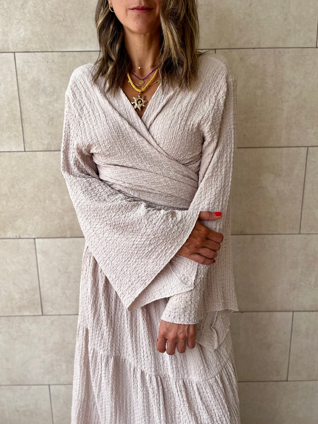 Beige Crinkle Wrap Around Set