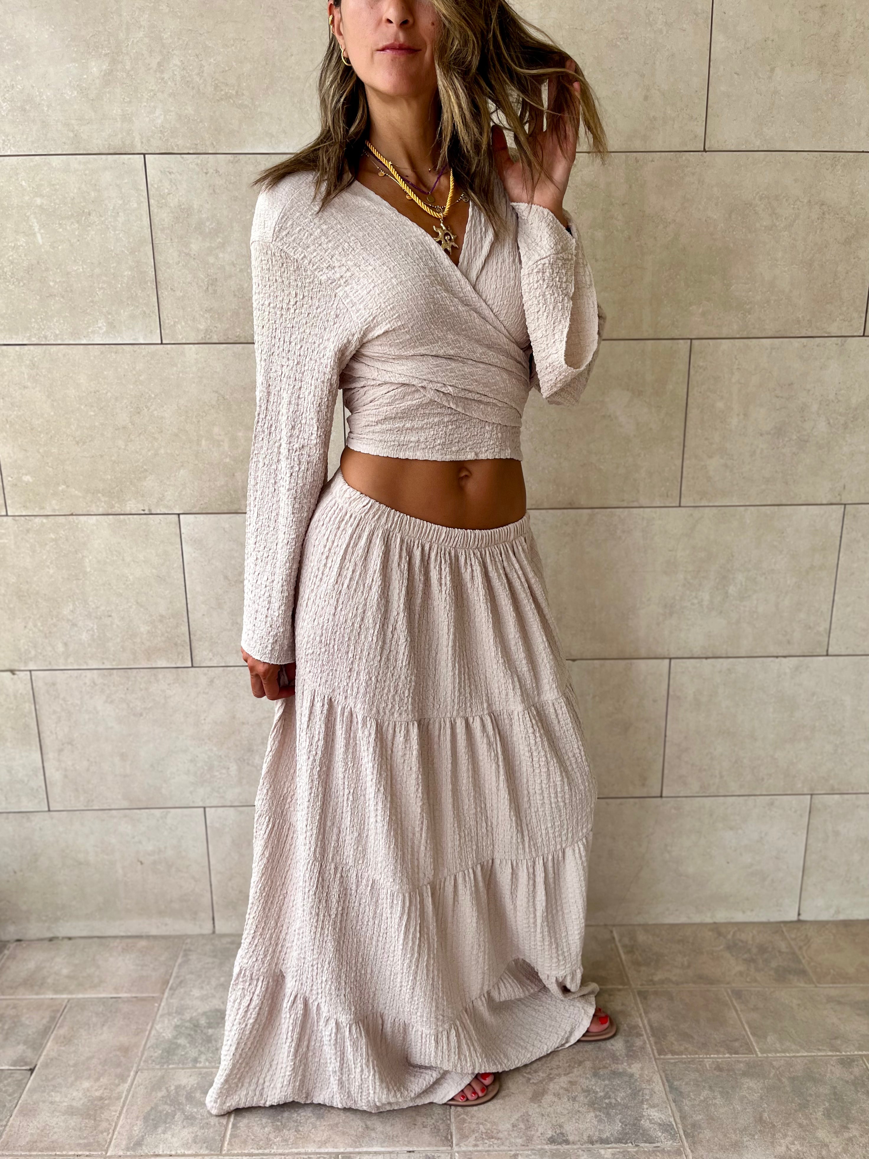 Beige Crinkle Wrap Around Set