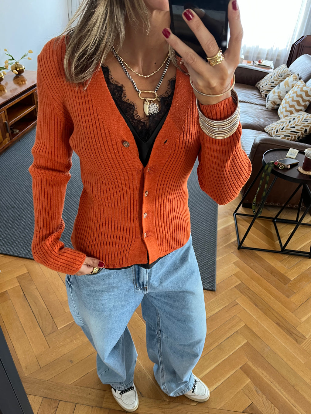 Rust Contour Buttoned Cardigan