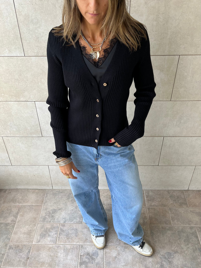 Black Contour Buttoned Cardigan