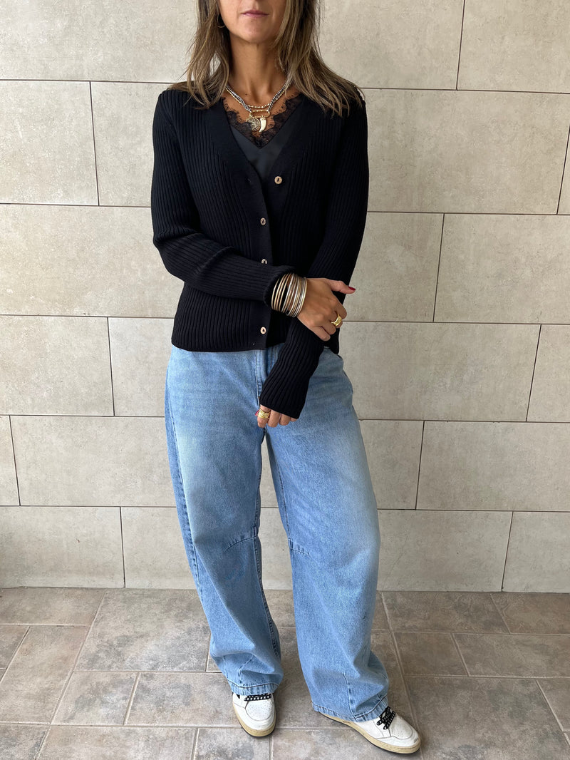 Black Contour Buttoned Cardigan
