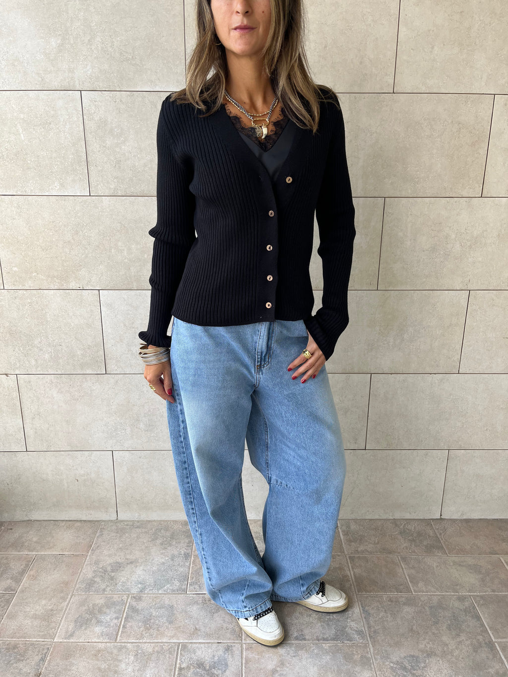 Black Contour Buttoned Cardigan