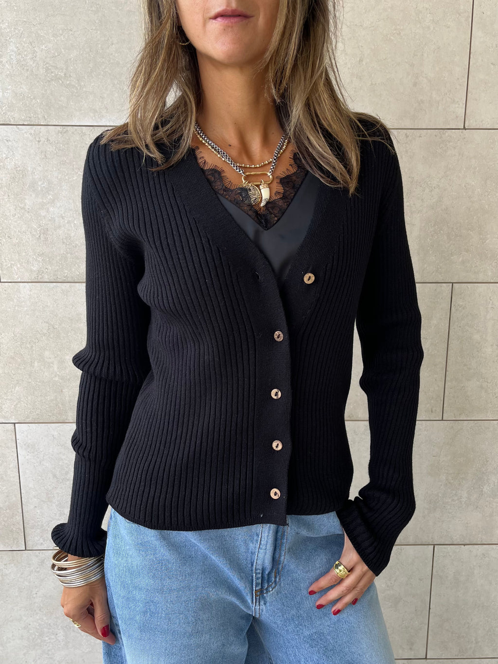 Black Contour Buttoned Cardigan