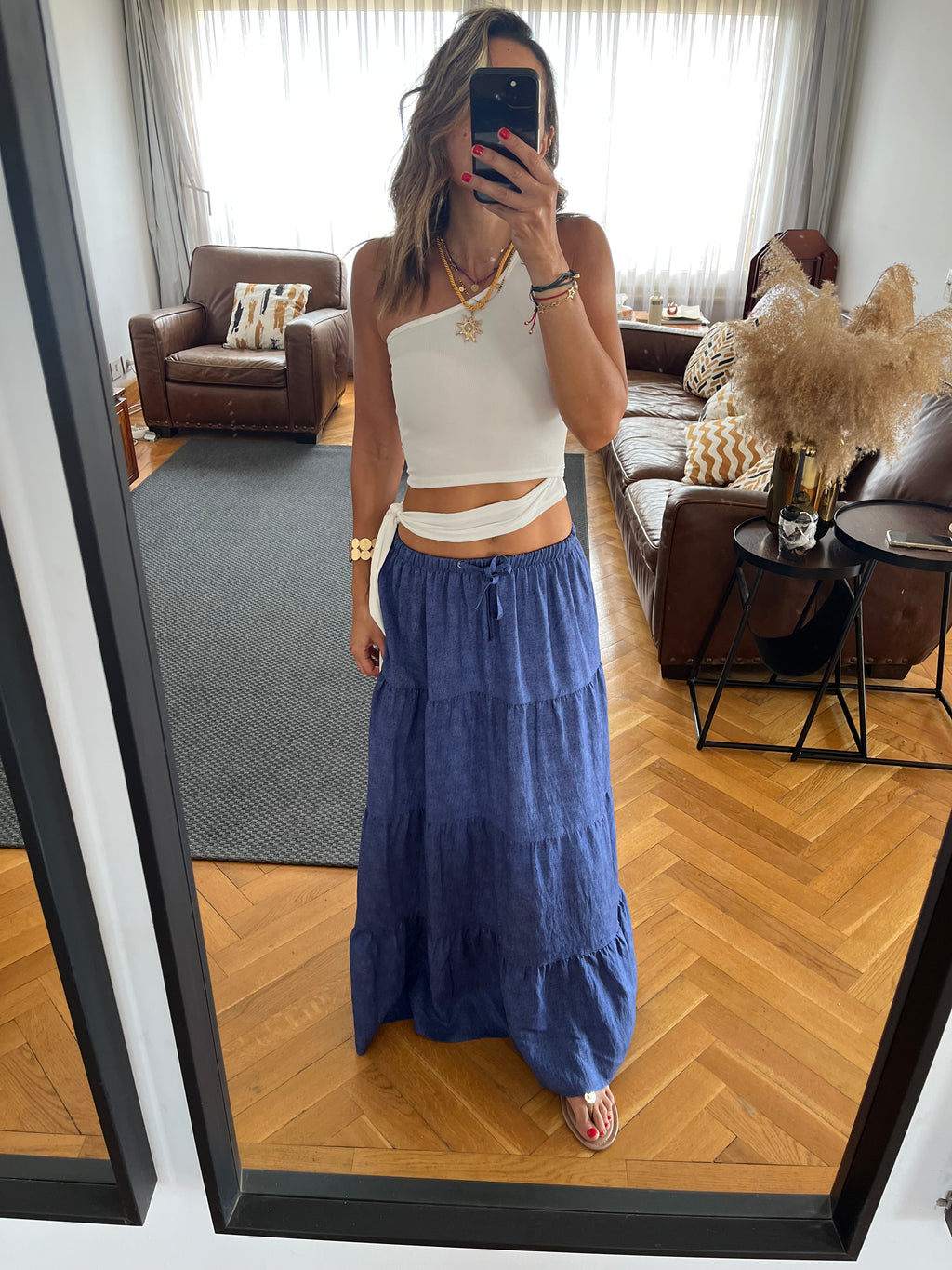 Navy Light Denim Tiered skirt