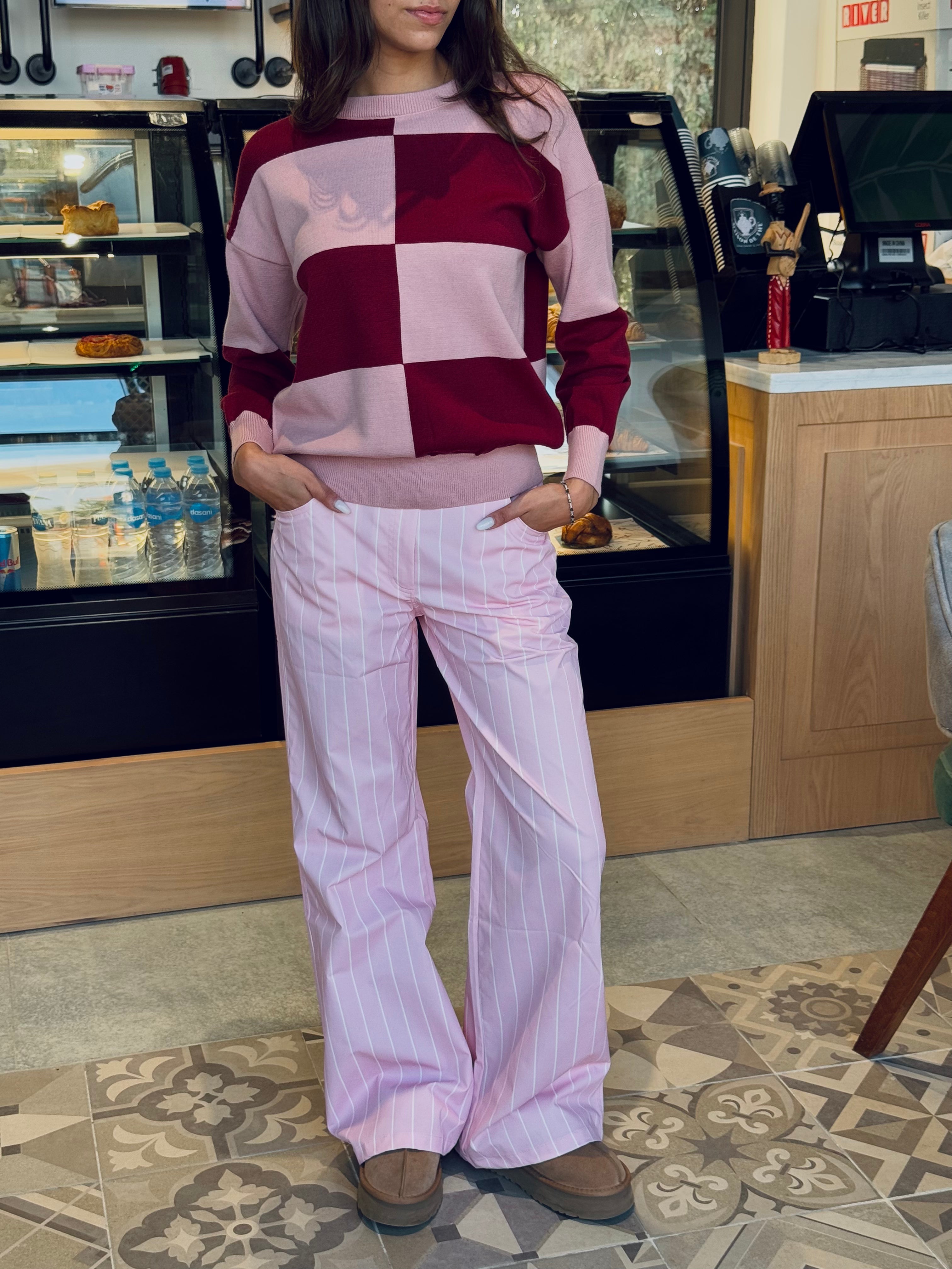 Pink & Burgundy Retro Inspired Checkered Jumper